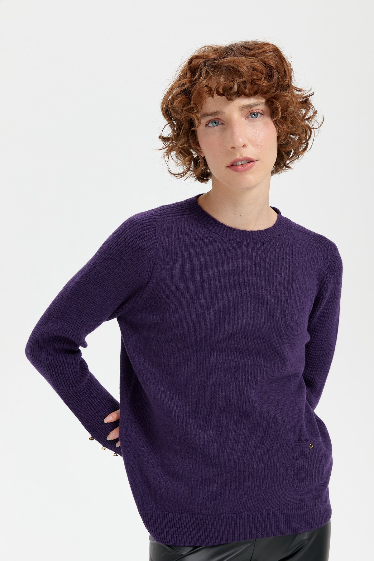 24205Kadın Sıfır Yaka Dikişsiz Cepli Yün Kazak K.Mor