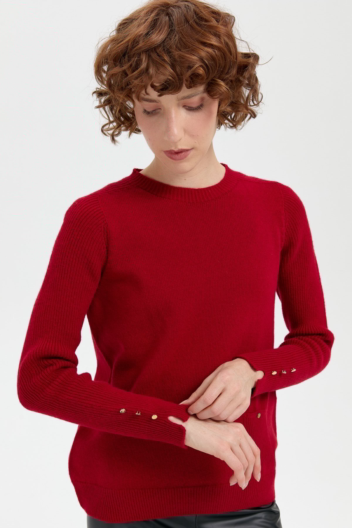 24205Kadın Sıfır Yaka Dikişsiz Cepli Yün Kazak K.Kırmızı