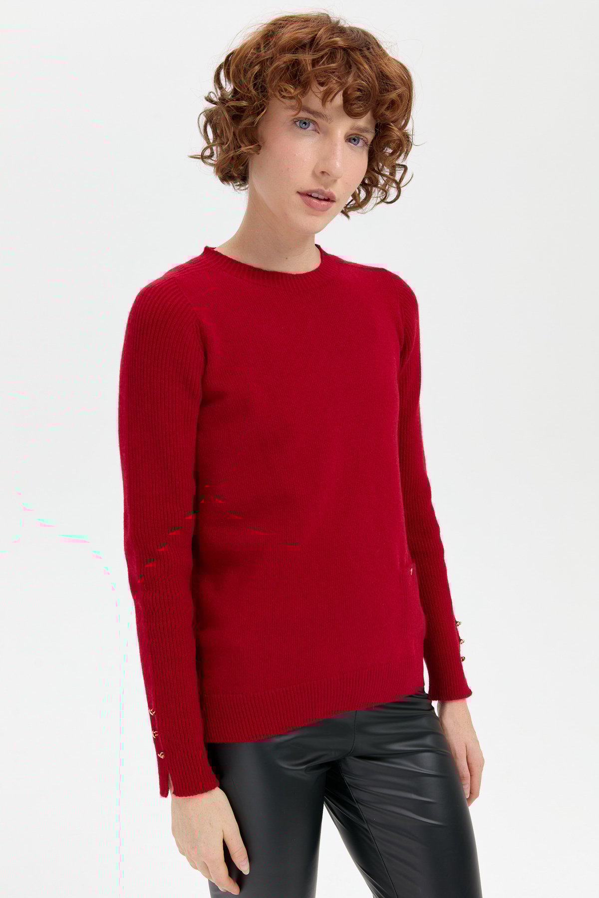 24205Kadın Sıfır Yaka Dikişsiz Cepli Yün Kazak K.Kırmızı