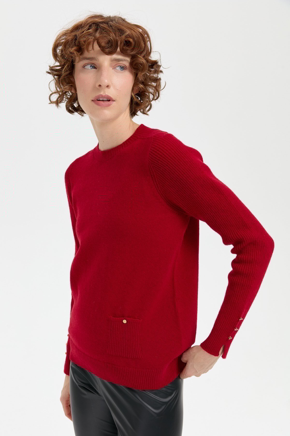 24205Kadın Sıfır Yaka Dikişsiz Cepli Yün Kazak K.Kırmızı