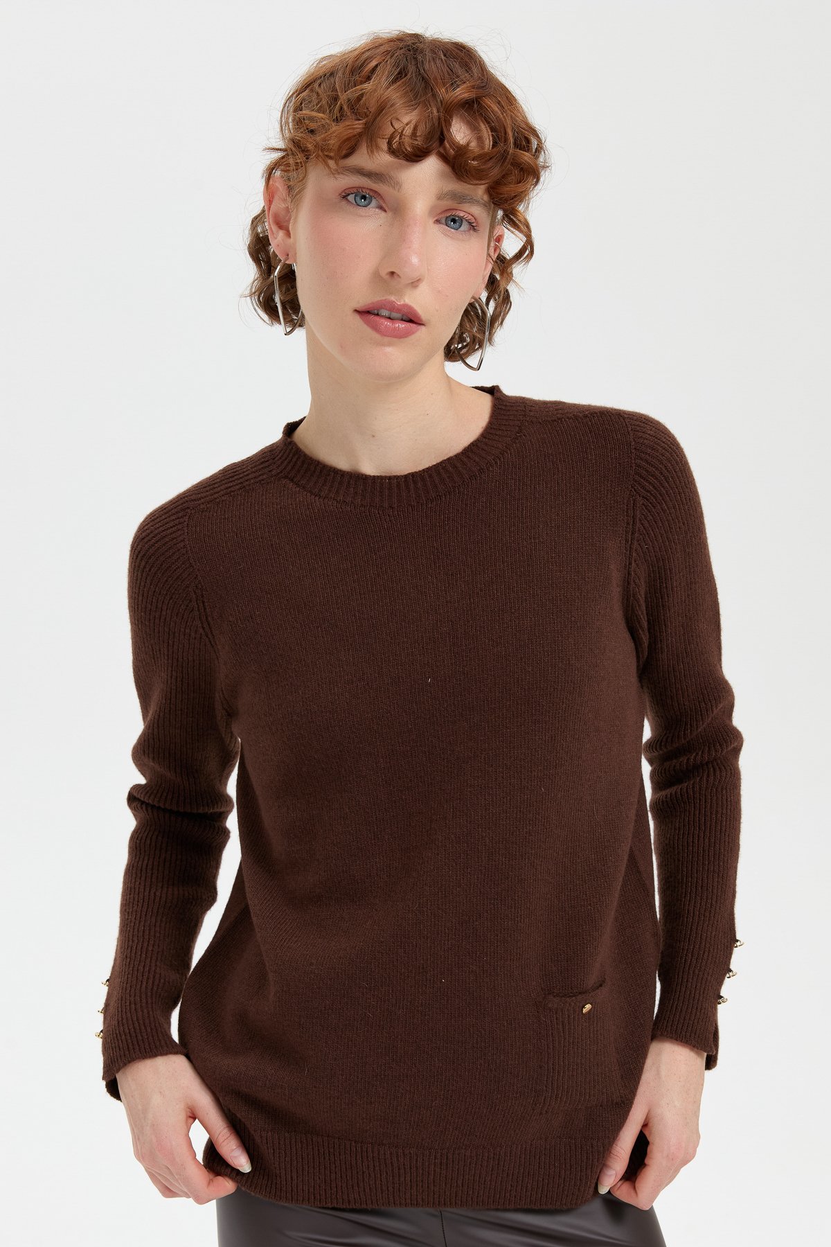 24205Kadın Sıfır Yaka Dikişsiz Cepli Yün Kazak M.Kahve