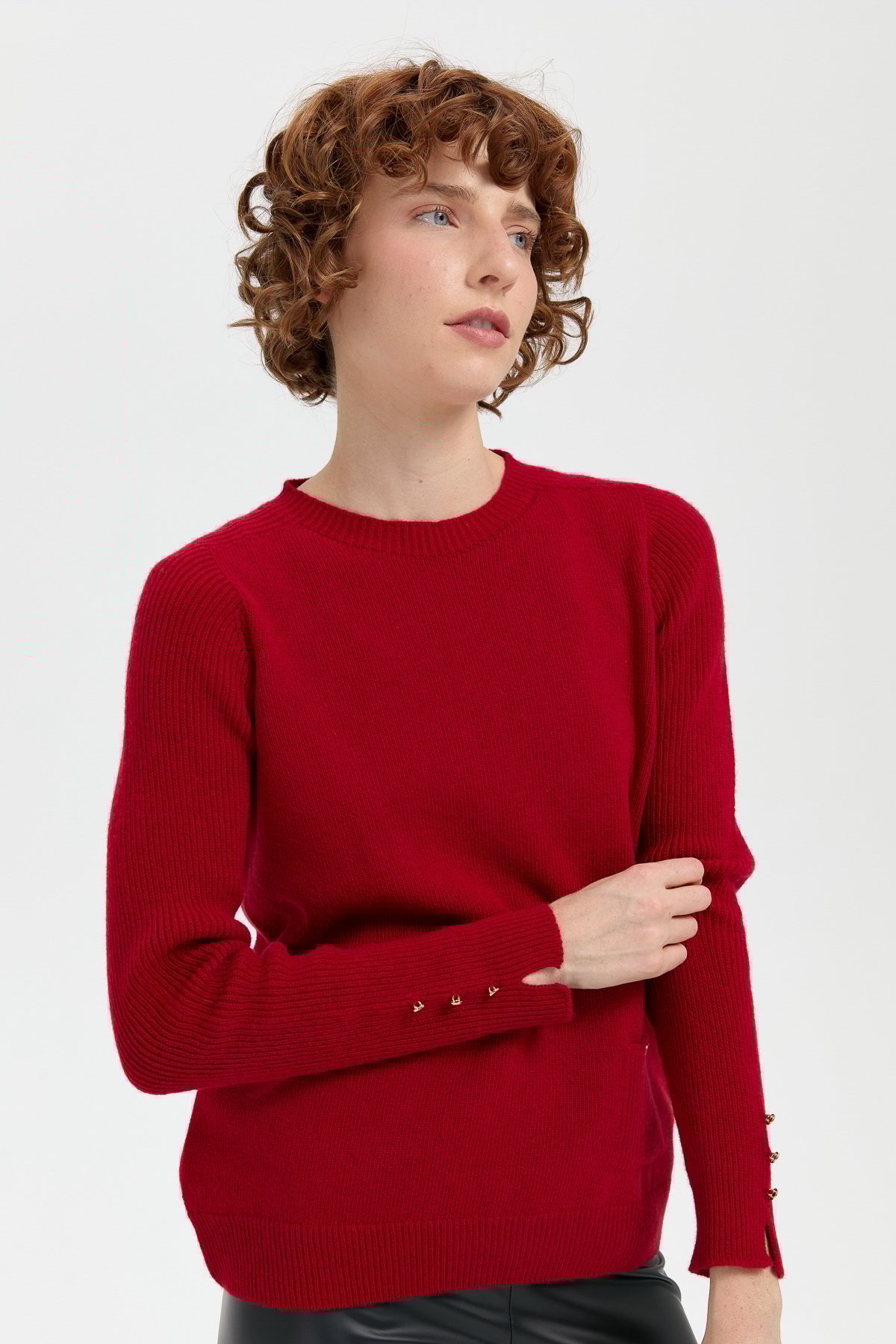 24205Kadın Sıfır Yaka Dikişsiz Cepli Yün Kazak K.Kırmızı