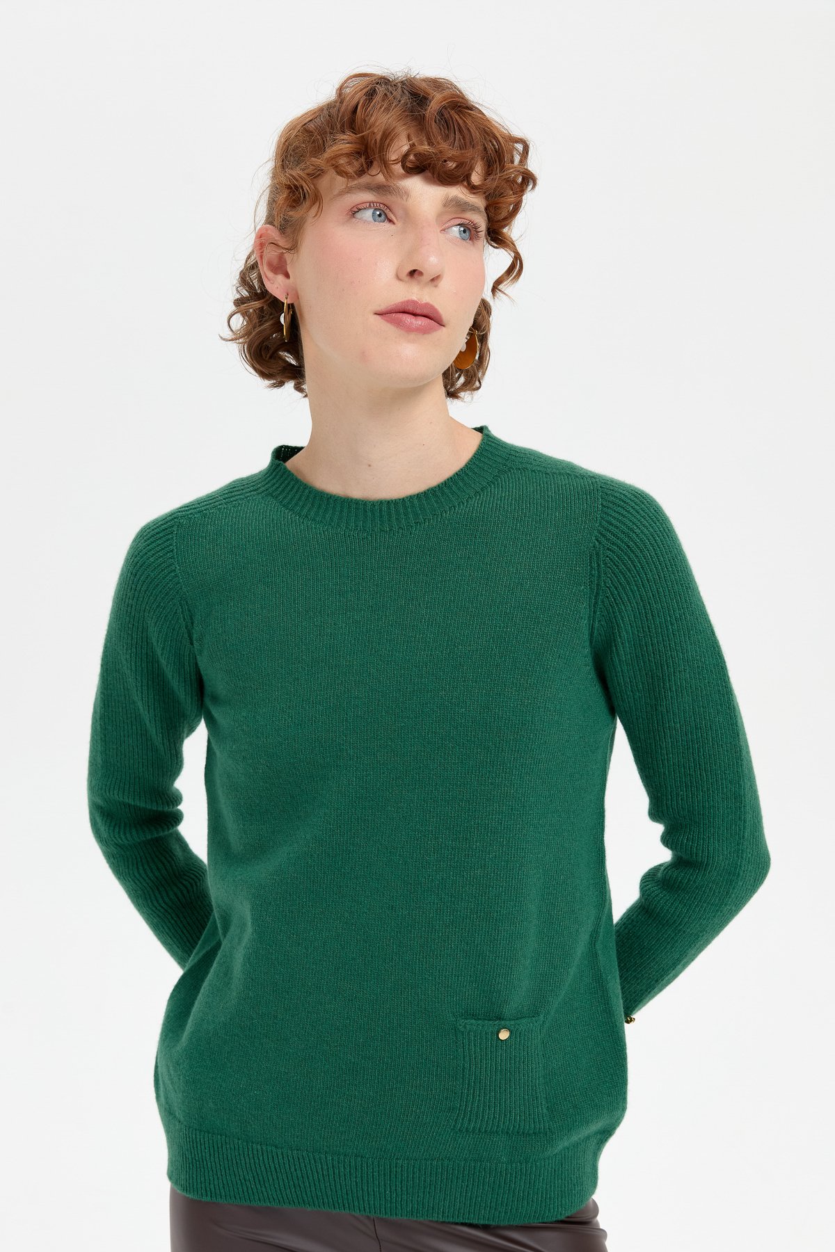 24205Kadın Sıfır Yaka Dikişsiz Cepli Yün Kazak Ö.Başı