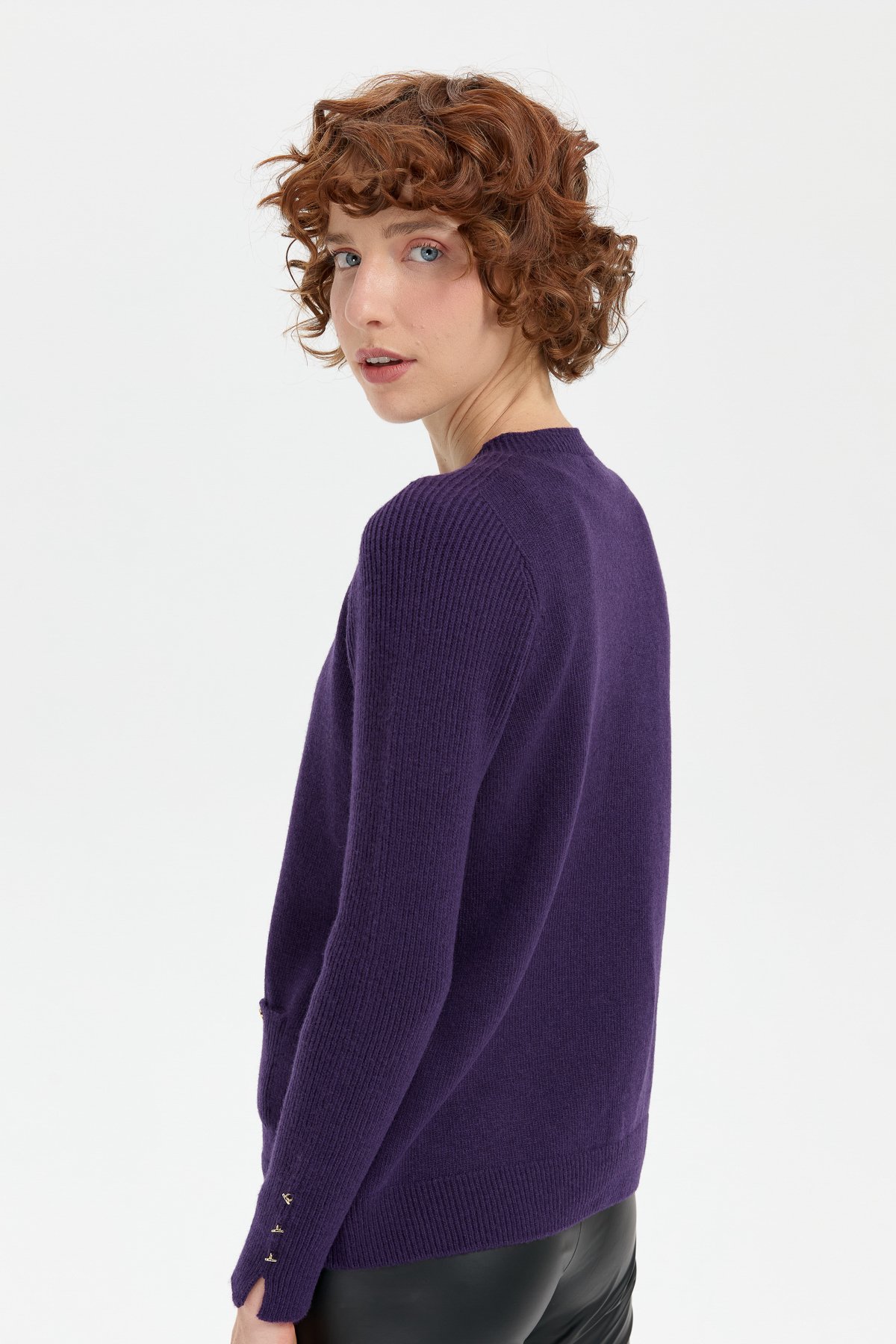 24205Kadın Sıfır Yaka Dikişsiz Cepli Yün Kazak K.Mor