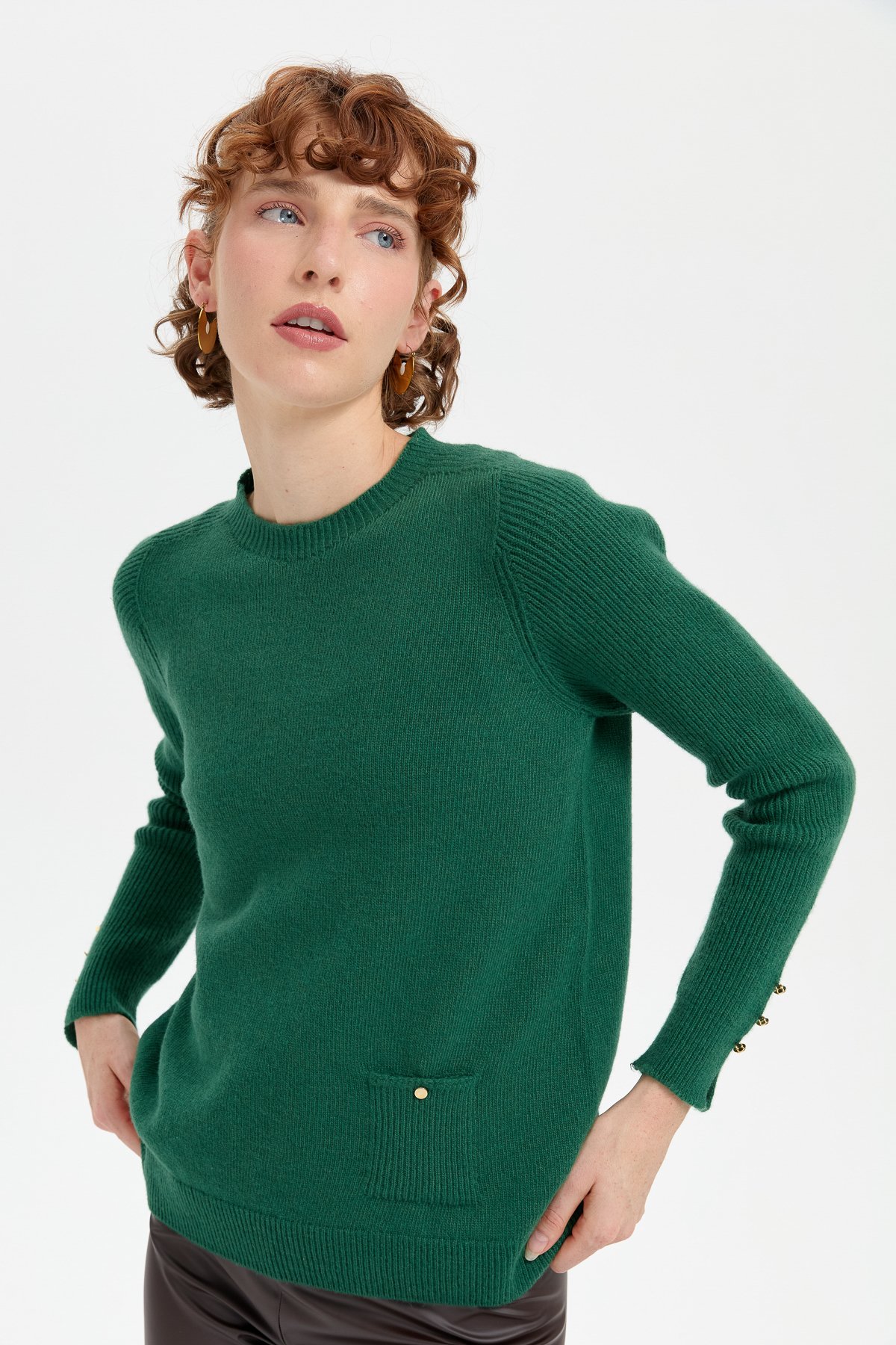 24205Kadın Sıfır Yaka Dikişsiz Cepli Yün Kazak Ö.Başı