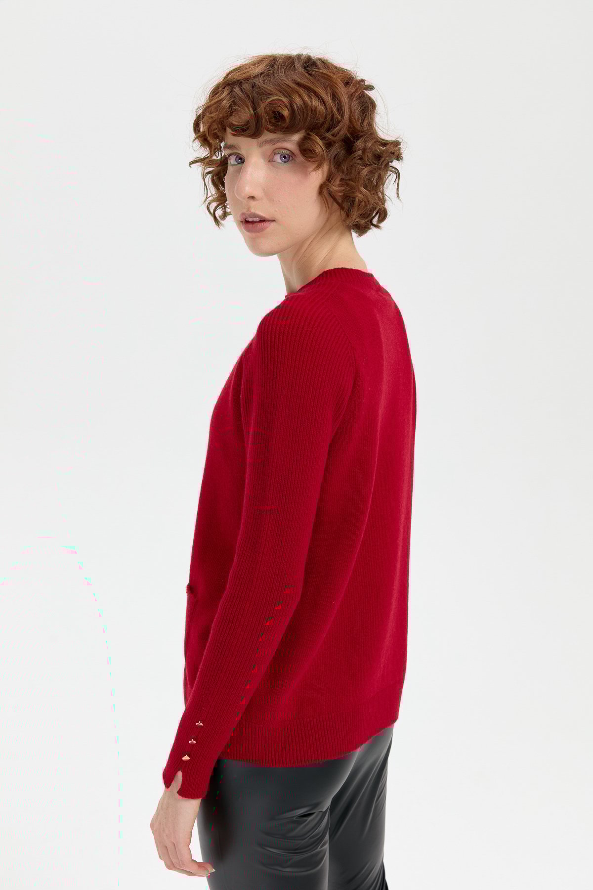 24205Kadın Sıfır Yaka Dikişsiz Cepli Yün Kazak K.Kırmızı