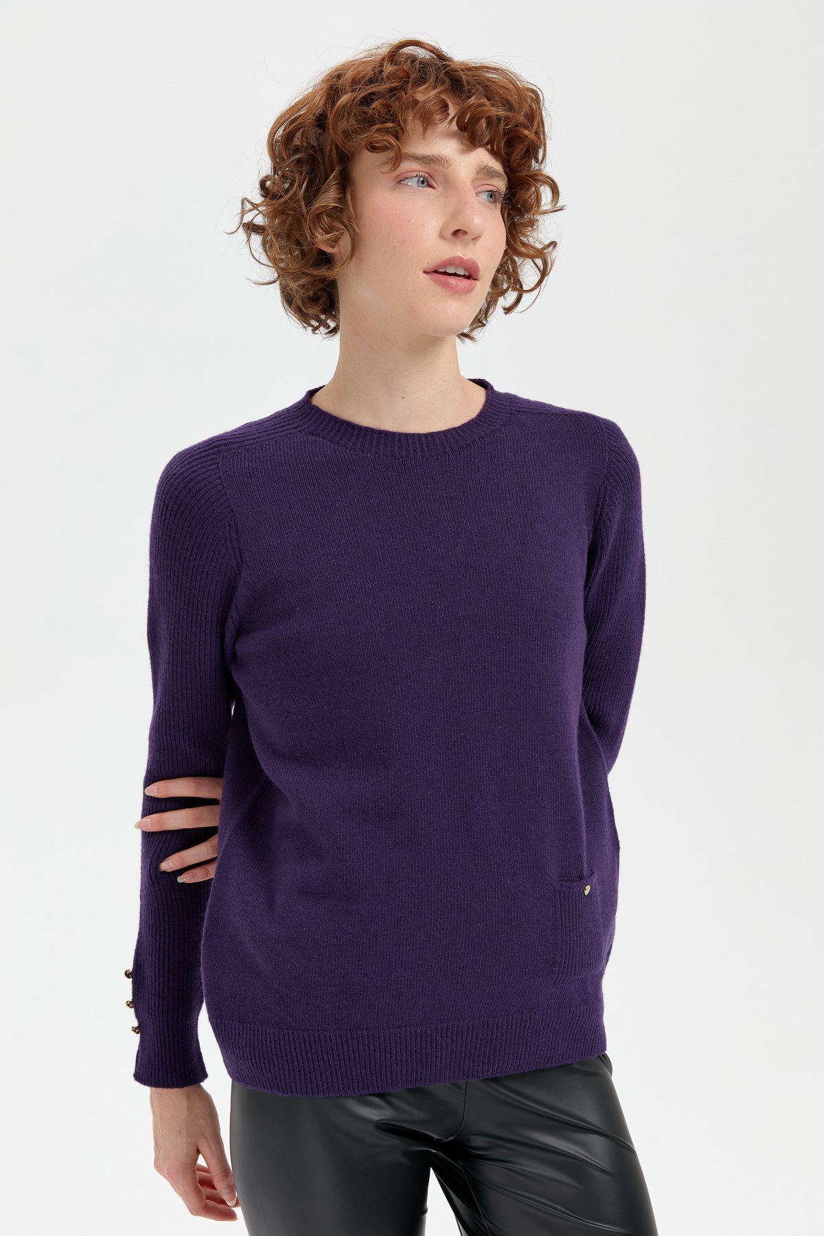 24205Kadın Sıfır Yaka Dikişsiz Cepli Yün Kazak K.Mor