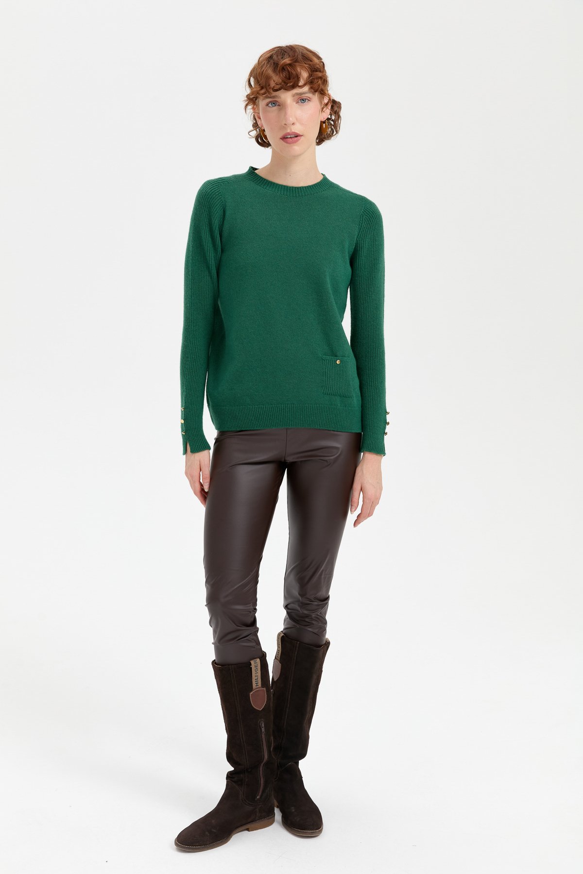 24205Kadın Sıfır Yaka Dikişsiz Cepli Yün Kazak Ö.Başı