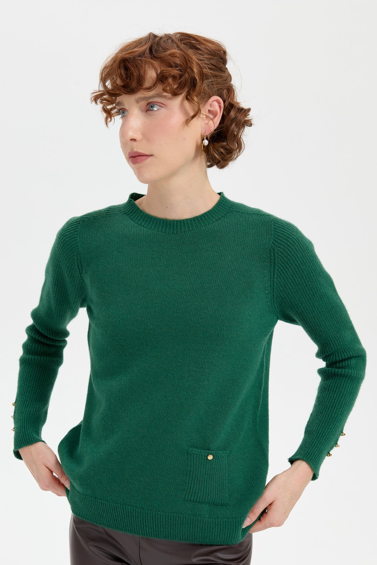 24205Kadın Sıfır Yaka Dikişsiz Cepli Yün Kazak Ö.Başı