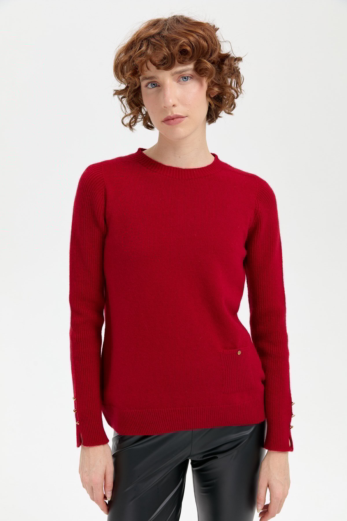 24205Kadın Sıfır Yaka Dikişsiz Cepli Yün Kazak K.Kırmızı