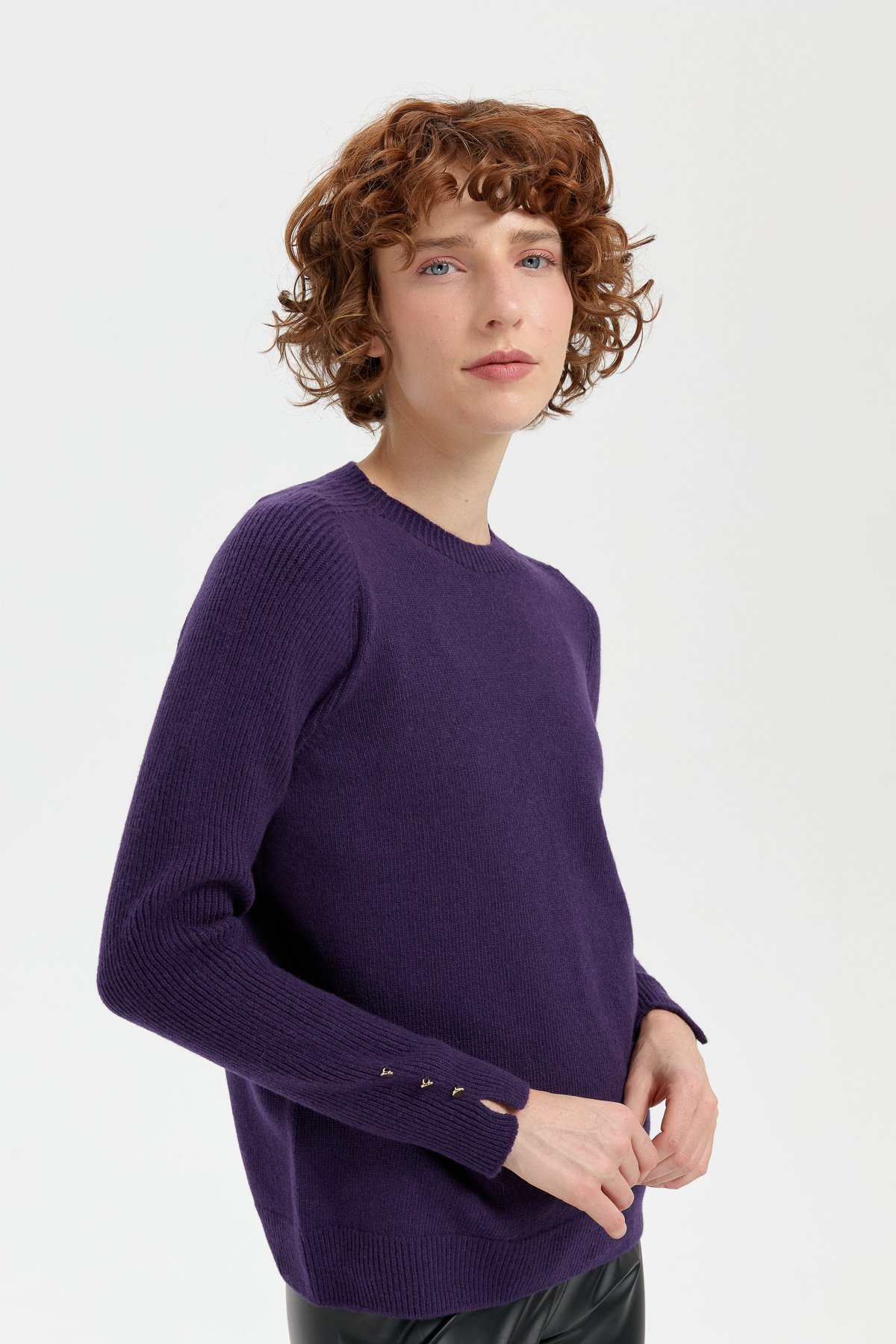 24205Kadın Sıfır Yaka Dikişsiz Cepli Yün Kazak K.Mor