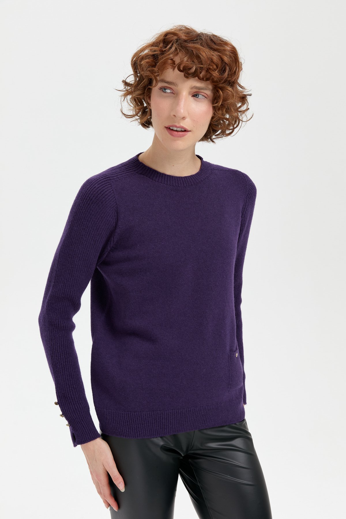 24205Kadın Sıfır Yaka Dikişsiz Cepli Yün Kazak K.Mor