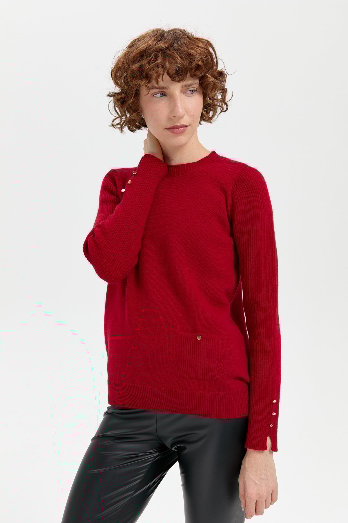 24205Kadın Sıfır Yaka Dikişsiz Cepli Yün Kazak K.Kırmızı