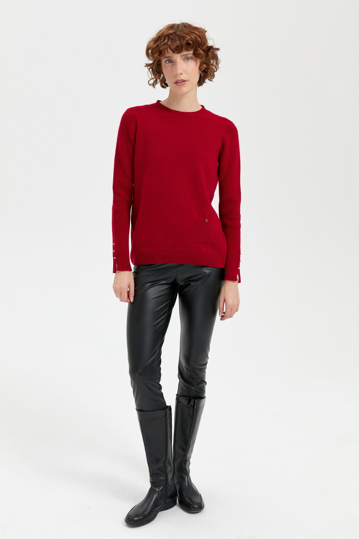 24205Kadın Sıfır Yaka Dikişsiz Cepli Yün Kazak K.Kırmızı