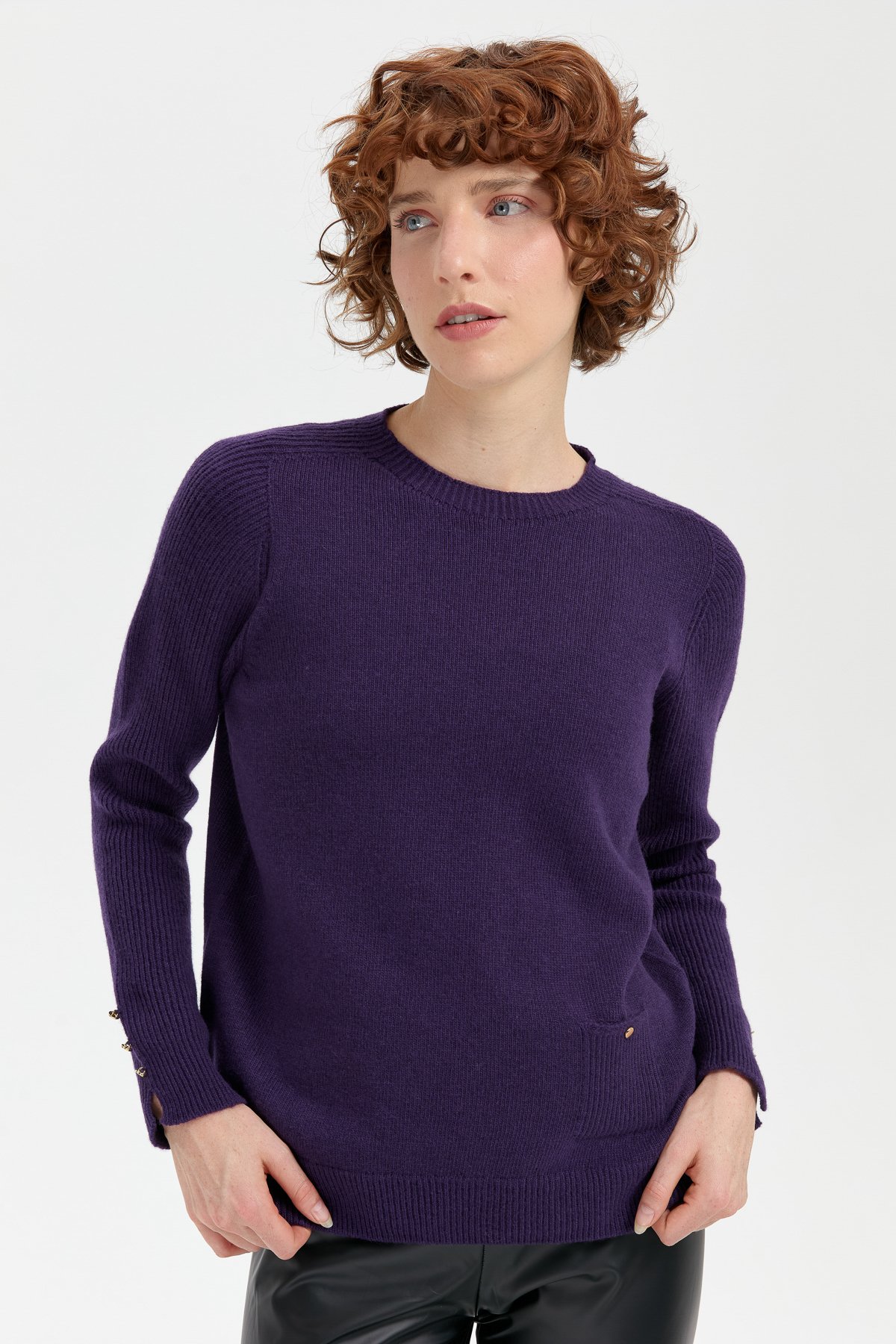 24205Kadın Sıfır Yaka Dikişsiz Cepli Yün Kazak K.Mor