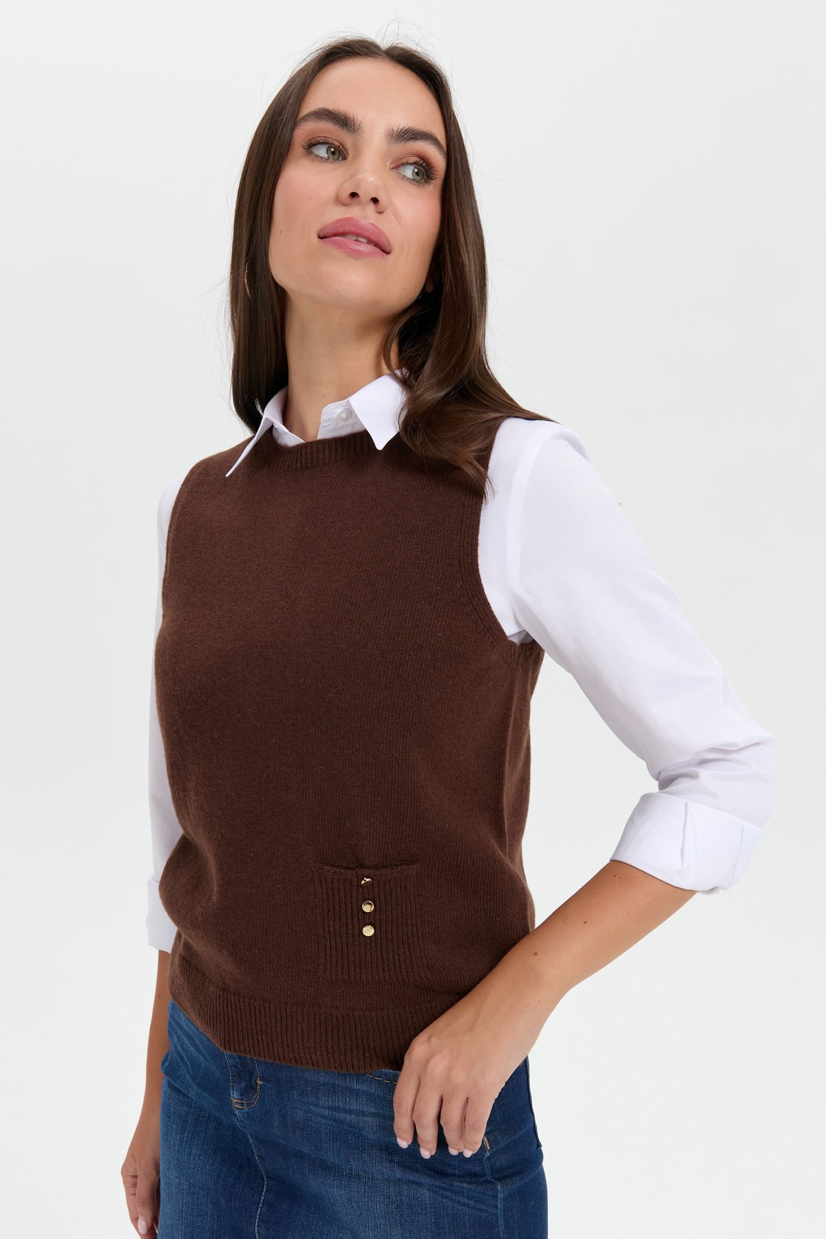 24204Kadın Sıfır Yaka Dikişsiz Cepli Yün Süveter M.Kahve