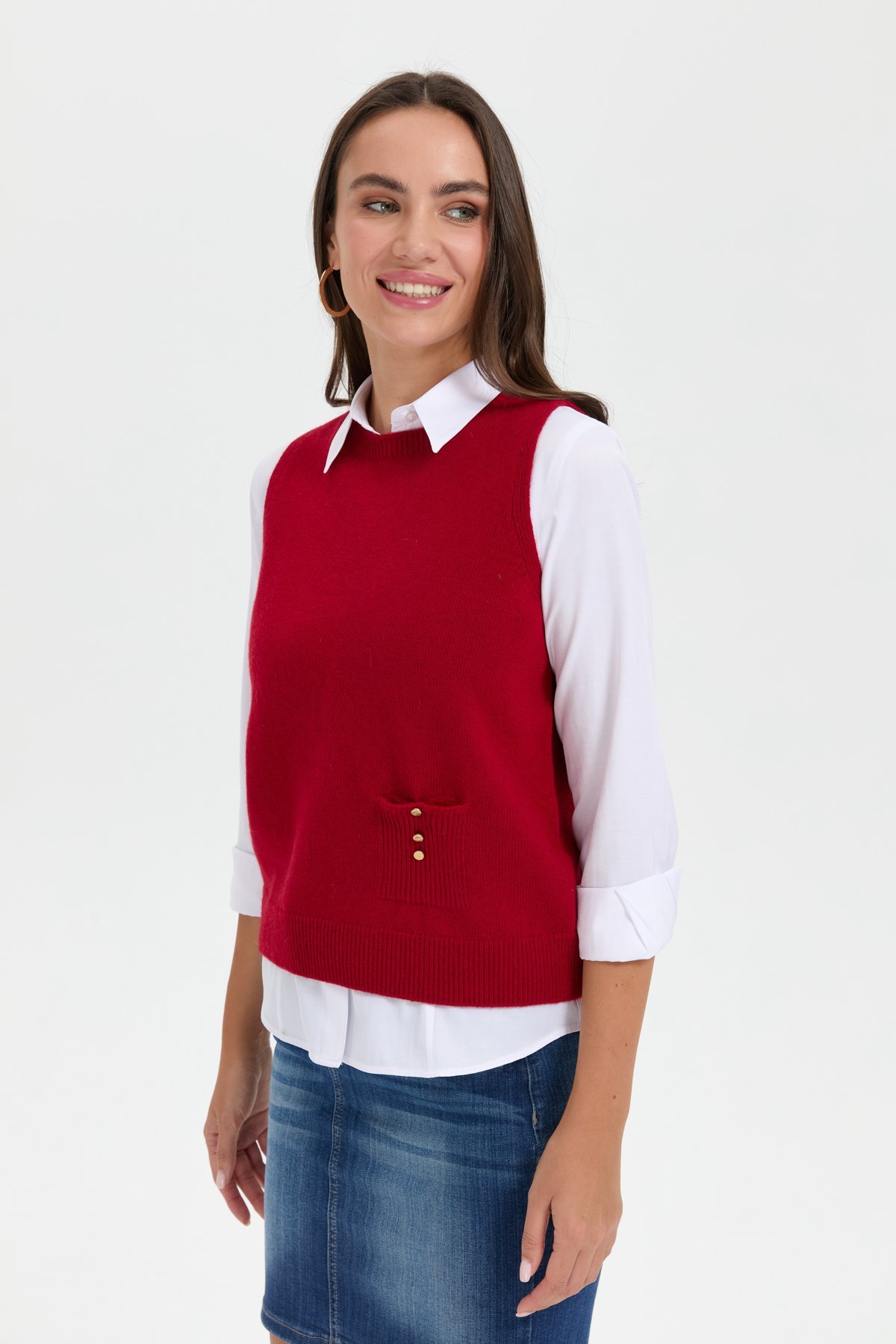 24204Kadın Sıfır Yaka Dikişsiz Cepli Yün Süveter K.Kırmızı