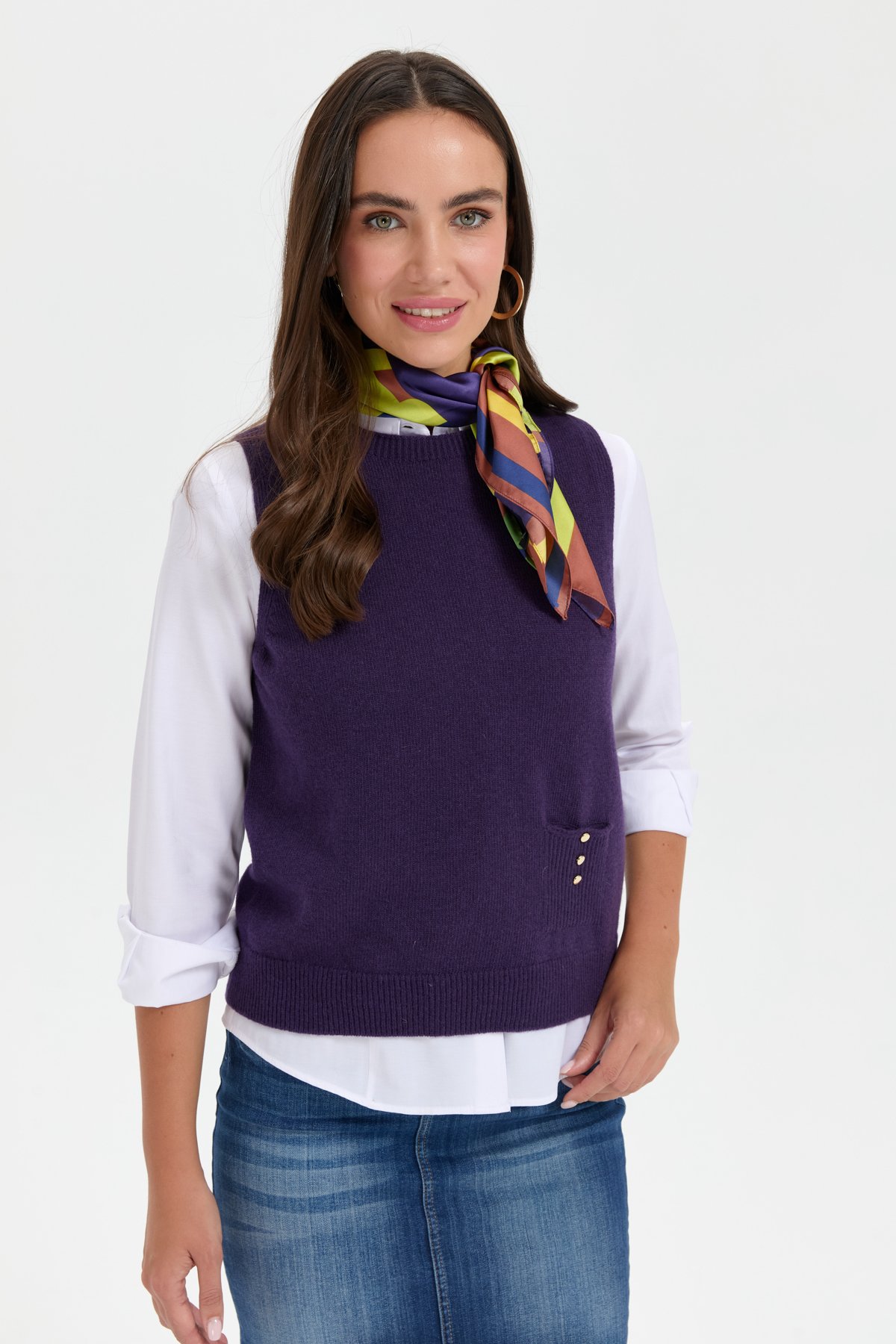 24204Kadın Sıfır Yaka Dikişsiz Cepli Yün Süveter K.Mor