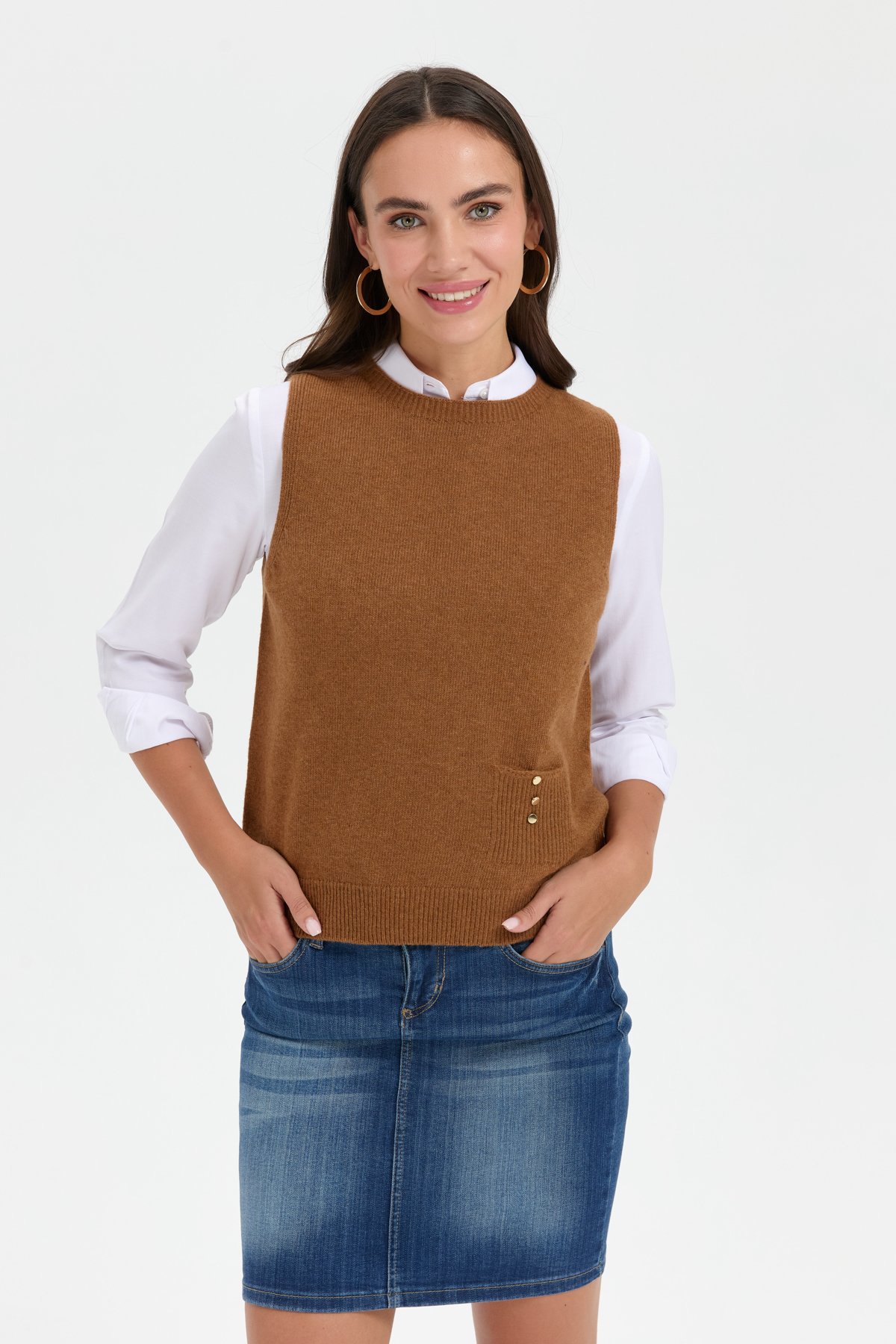 24204Kadın Sıfır Yaka Dikişsiz Cepli Yün Süveter K.taba