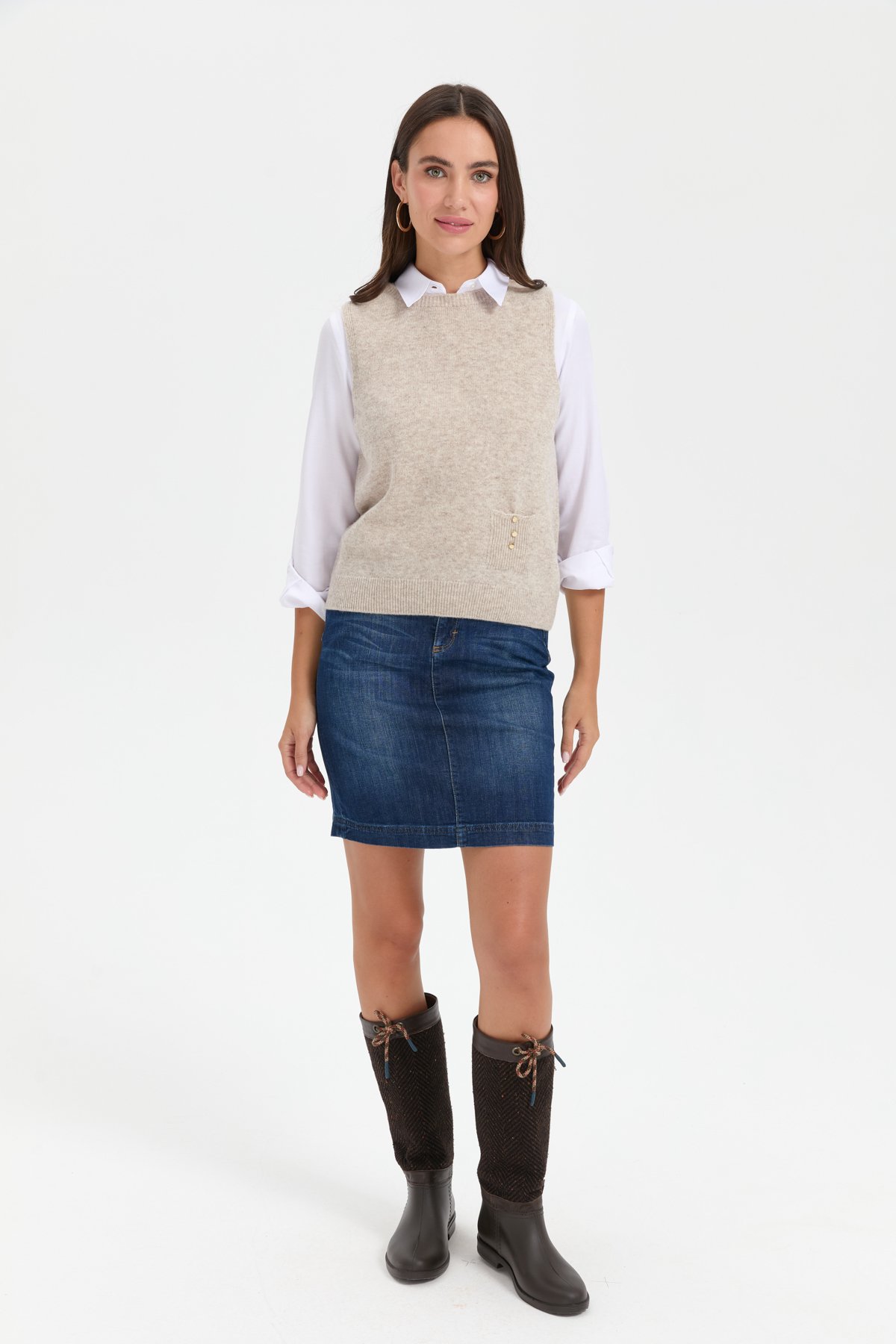 24204Kadın Sıfır Yaka Dikişsiz Cepli Yün Süveter V.Bej