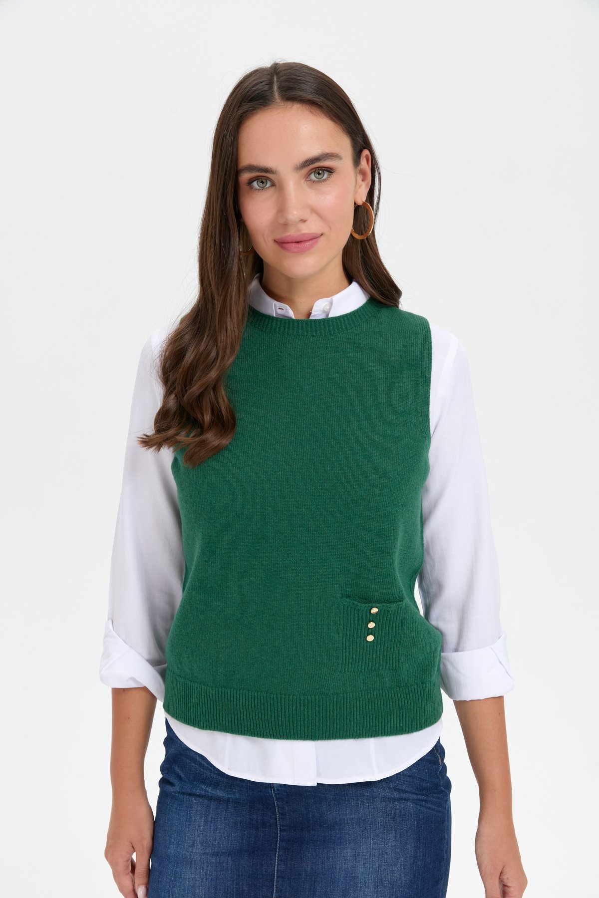 24204Kadın Sıfır Yaka Dikişsiz Cepli Yün Süveter Ö.Başı