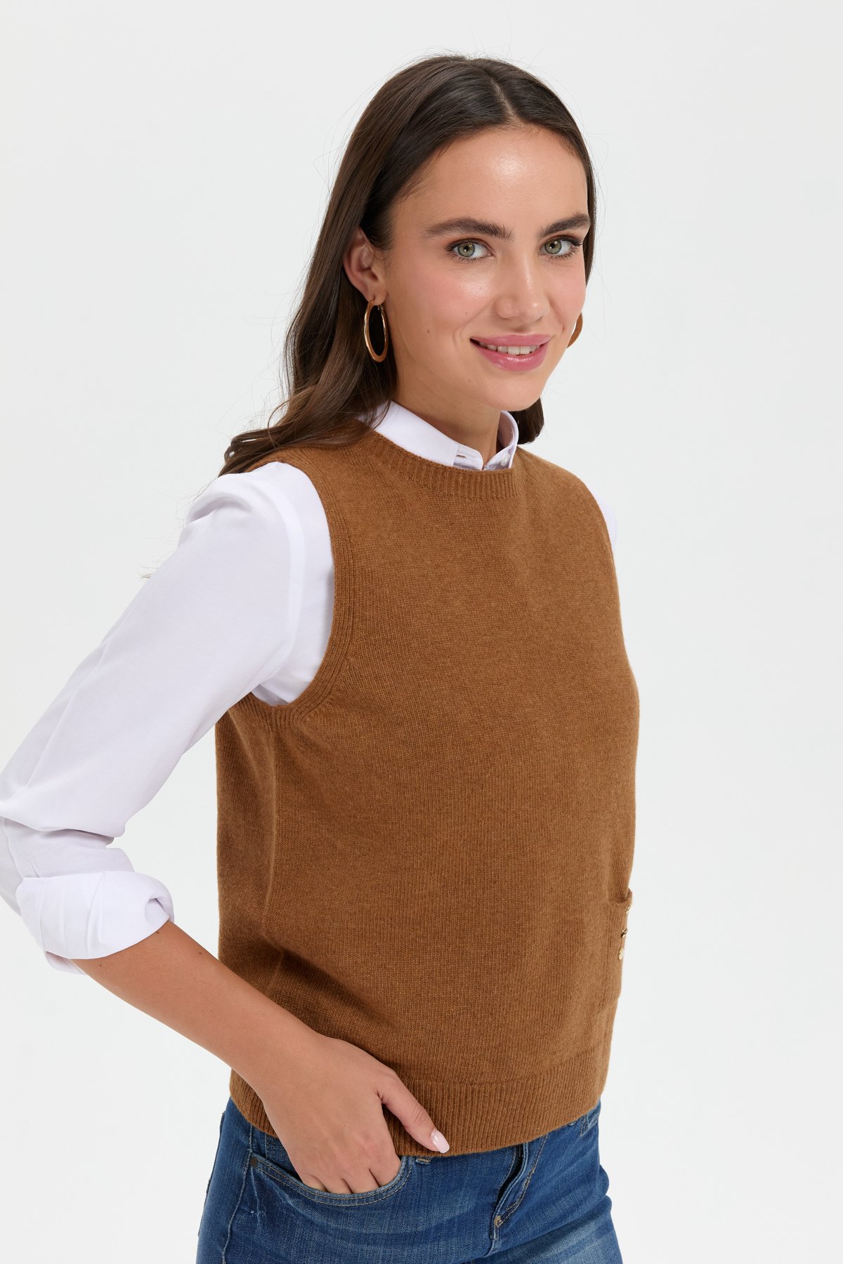 24204Kadın Sıfır Yaka Dikişsiz Cepli Yün Süveter K.taba