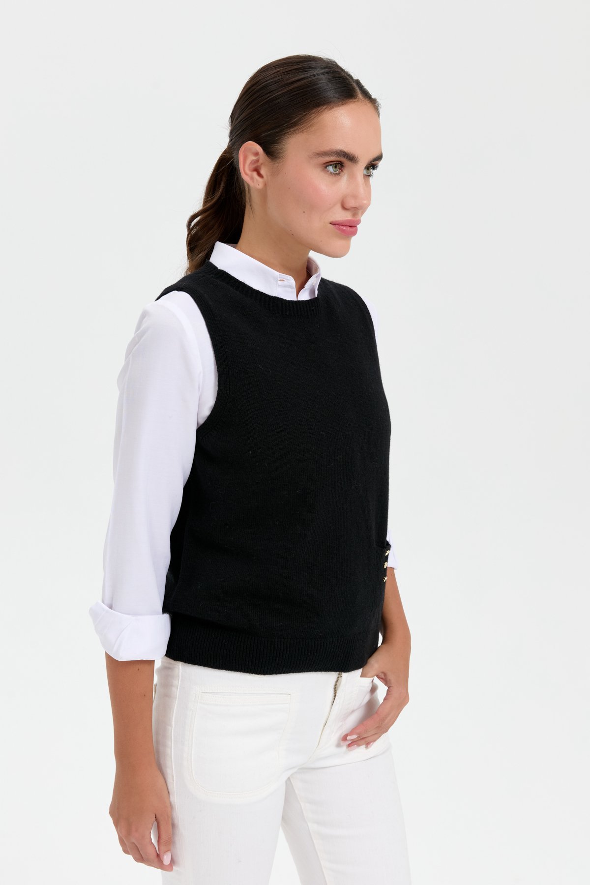 24204Kadın Sıfır Yaka Dikişsiz Cepli Yün Süveter Siyah