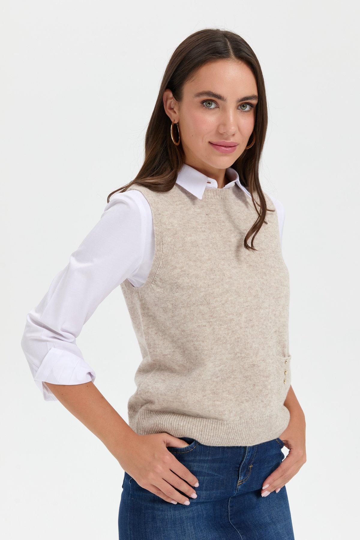 24204Kadın Sıfır Yaka Dikişsiz Cepli Yün Süveter V.Bej