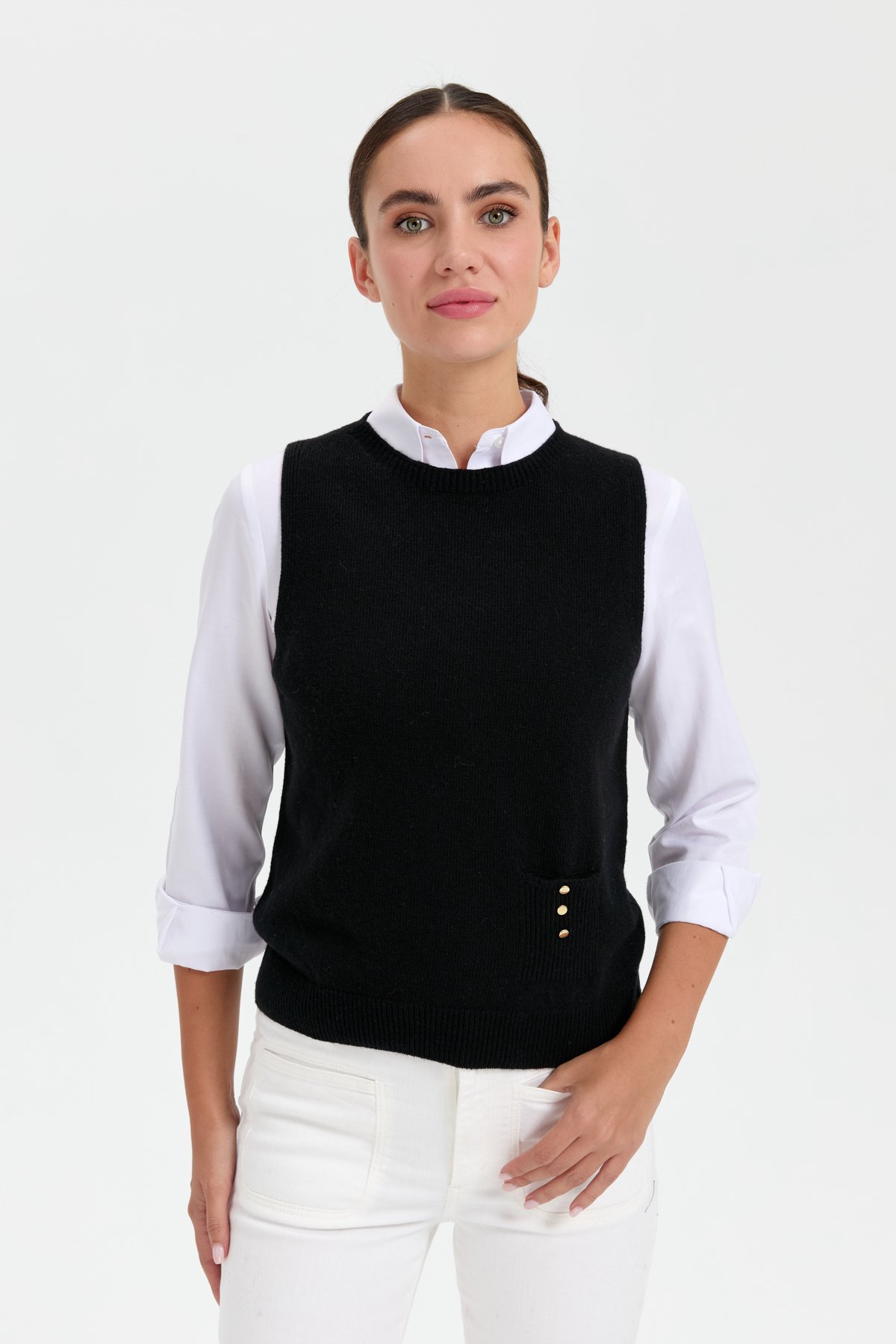 24204Kadın Sıfır Yaka Dikişsiz Cepli Yün Süveter Siyah