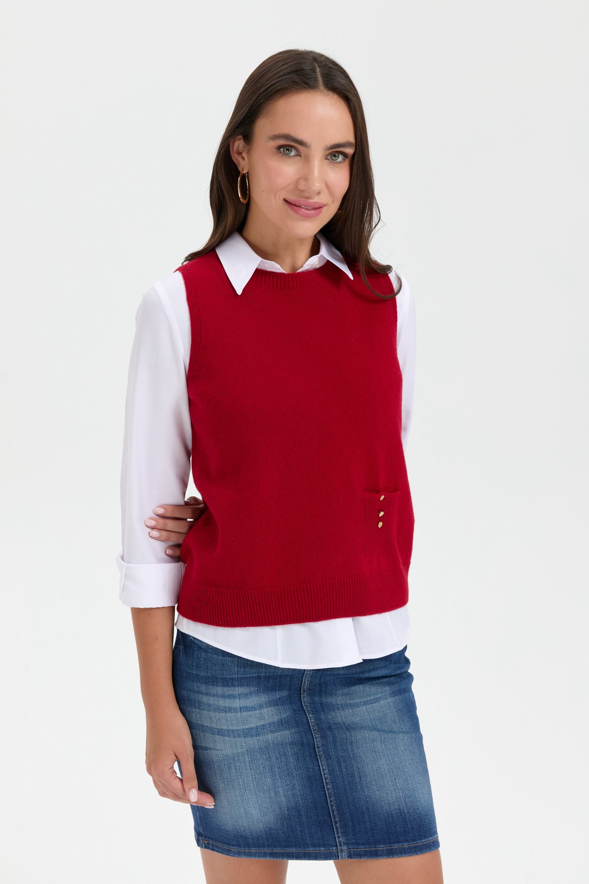 24204Kadın Sıfır Yaka Dikişsiz Cepli Yün Süveter K.Kırmızı