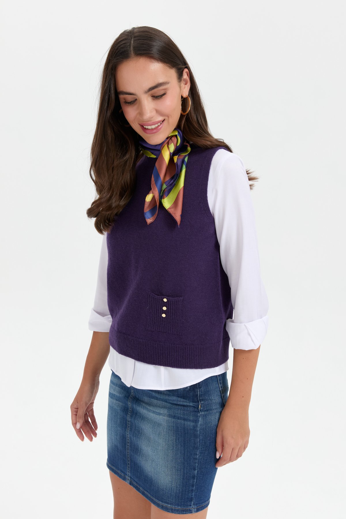 24204Kadın Sıfır Yaka Dikişsiz Cepli Yün Süveter K.Mor