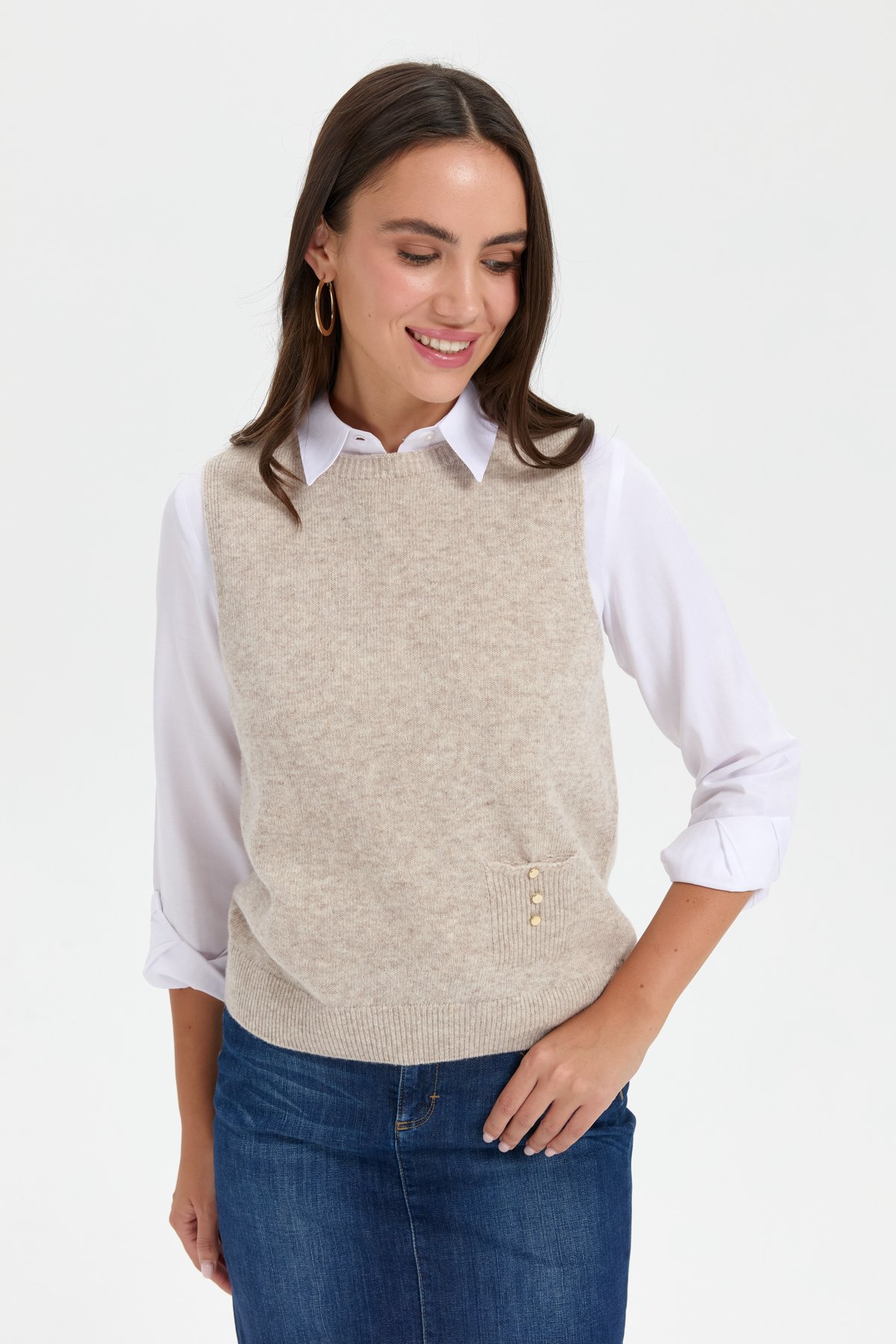 24204Kadın Sıfır Yaka Dikişsiz Cepli Yün Süveter V.Bej