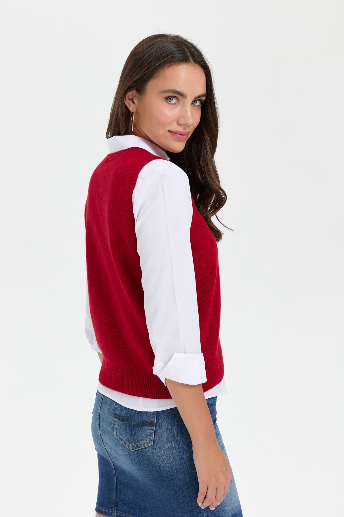 24204Kadın Sıfır Yaka Dikişsiz Cepli Yün Süveter K.Kırmızı