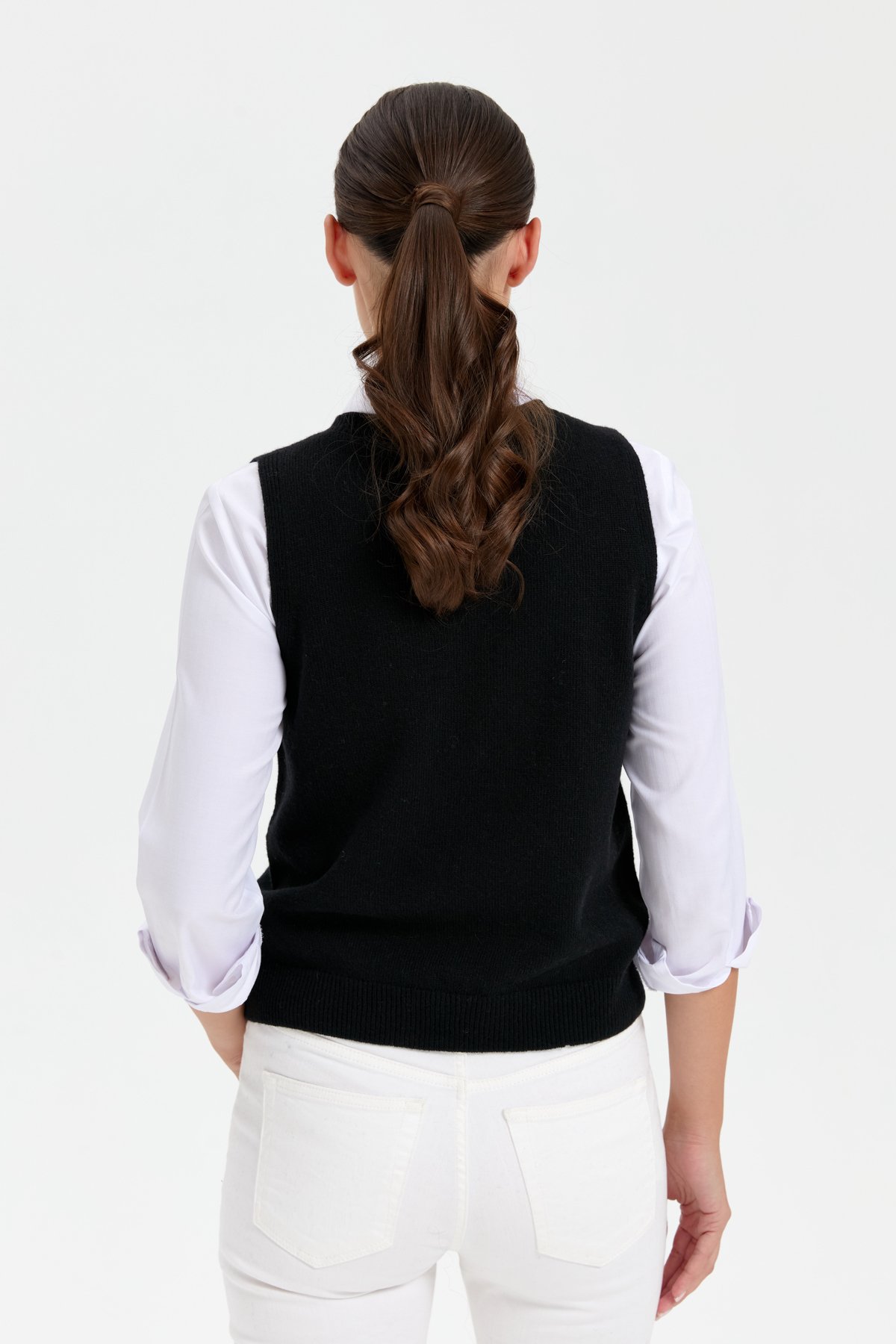 24204Kadın Sıfır Yaka Dikişsiz Cepli Yün Süveter Siyah