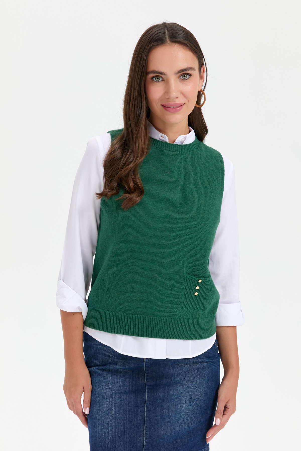 24204Kadın Sıfır Yaka Dikişsiz Cepli Yün Süveter Ö.Başı