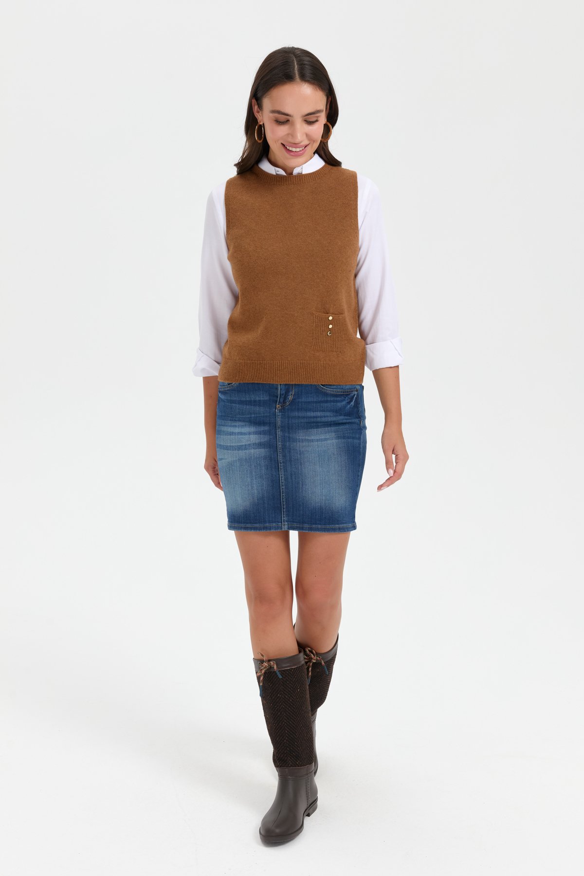 24204Kadın Sıfır Yaka Dikişsiz Cepli Yün Süveter K.taba