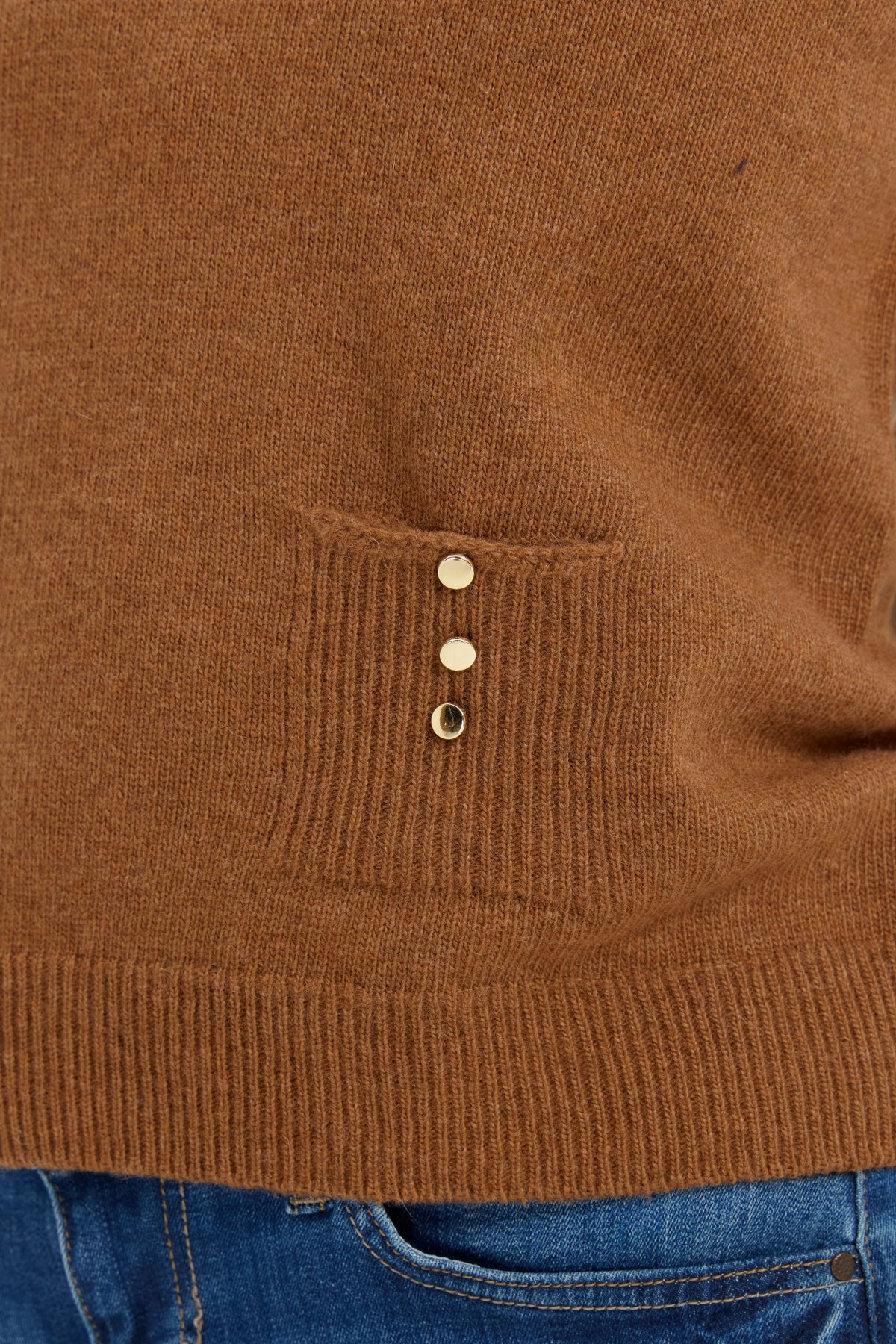 24204Kadın Sıfır Yaka Dikişsiz Cepli Yün Süveter K.taba