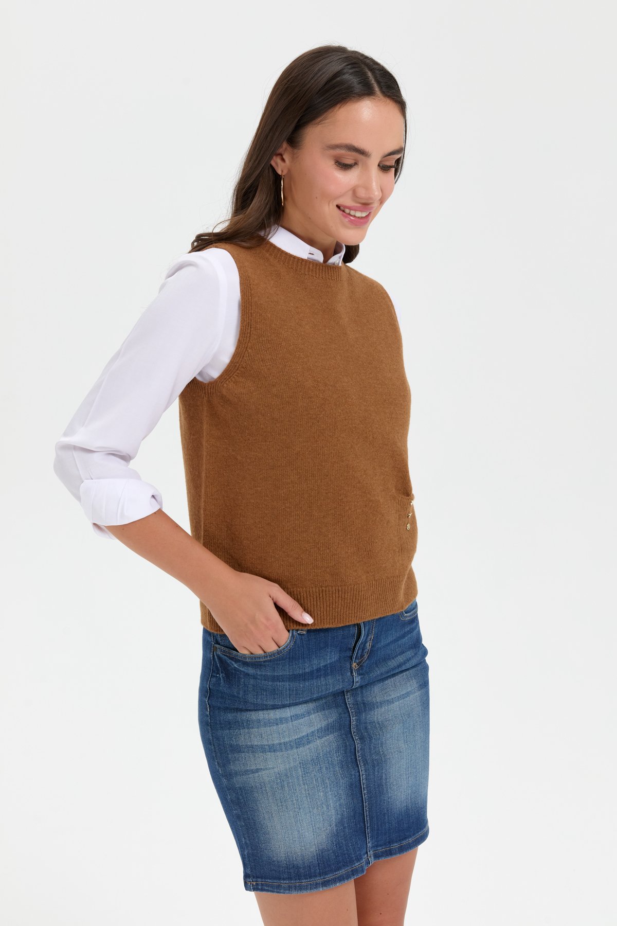 24204Kadın Sıfır Yaka Dikişsiz Cepli Yün Süveter K.taba