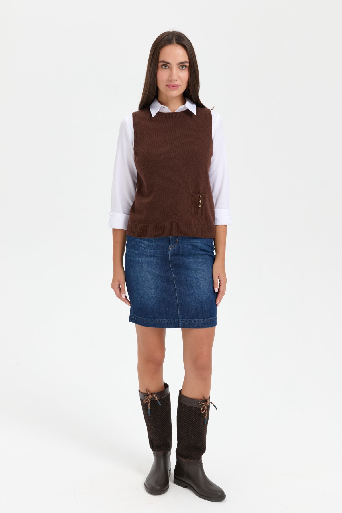 24204Kadın Sıfır Yaka Dikişsiz Cepli Yün Süveter M.Kahve