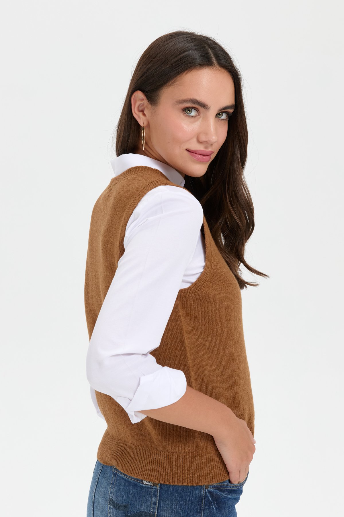 24204Kadın Sıfır Yaka Dikişsiz Cepli Yün Süveter K.taba