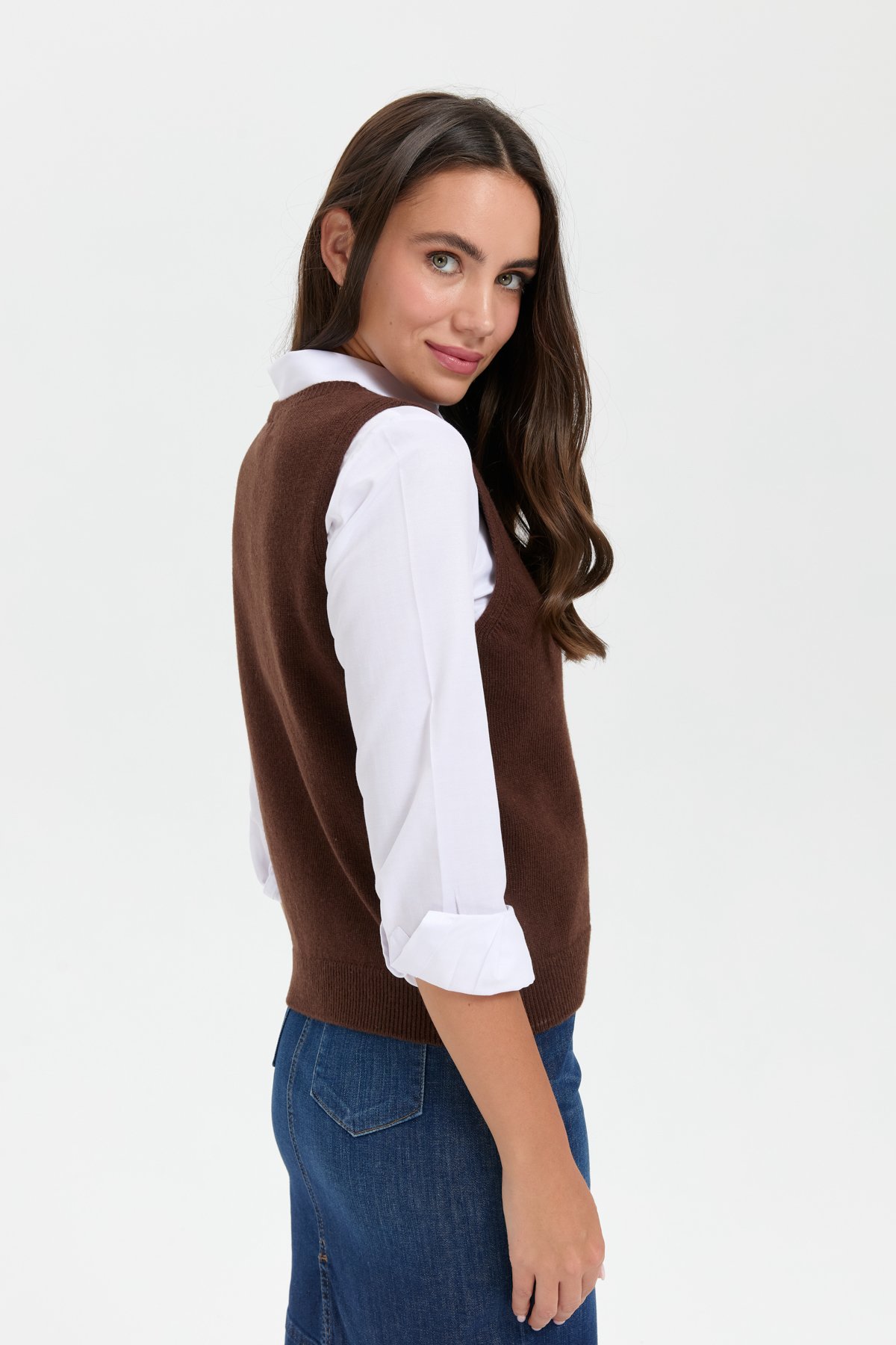 24204Kadın Sıfır Yaka Dikişsiz Cepli Yün Süveter M.Kahve