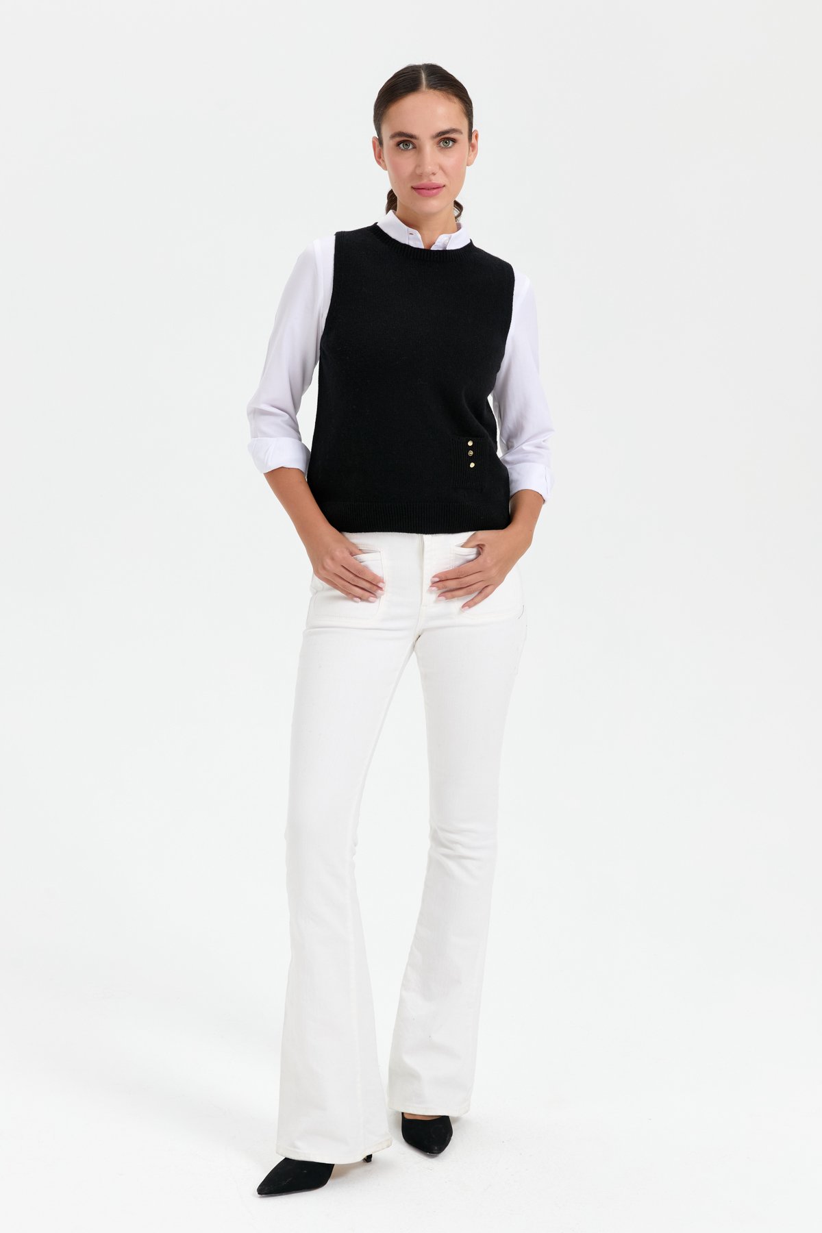 24204Kadın Sıfır Yaka Dikişsiz Cepli Yün Süveter Siyah