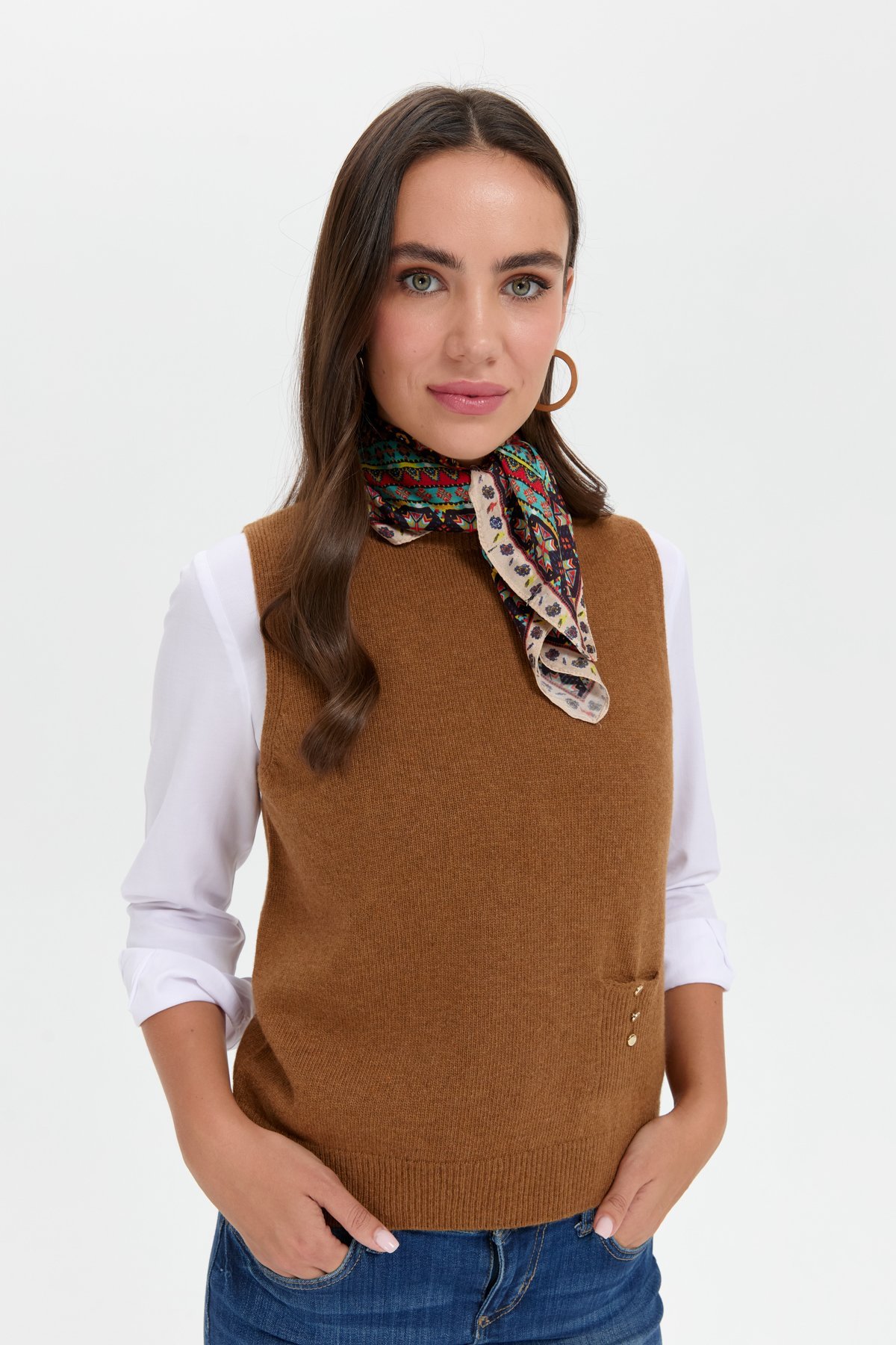 24204Kadın Sıfır Yaka Dikişsiz Cepli Yün Süveter K.taba