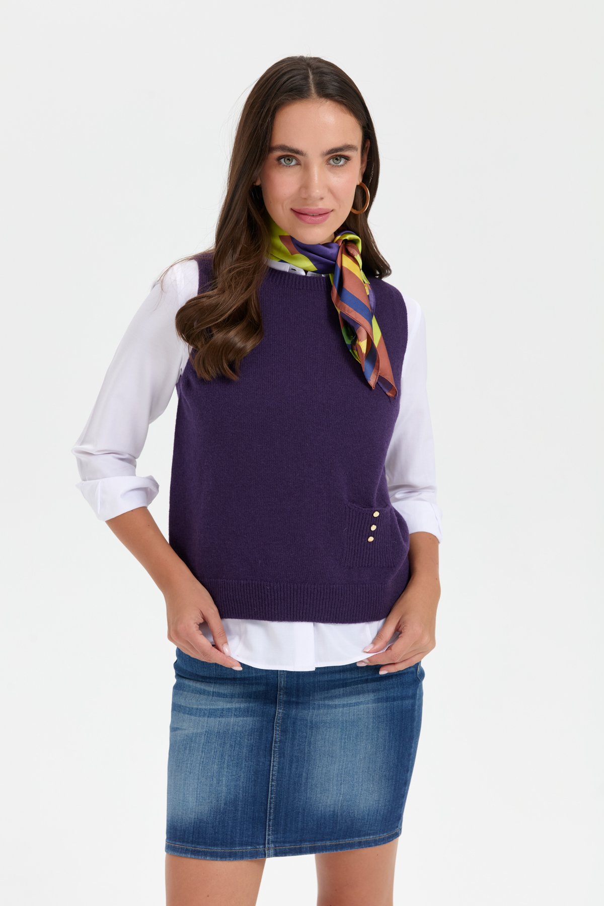 24204Kadın Sıfır Yaka Dikişsiz Cepli Yün Süveter K.Mor