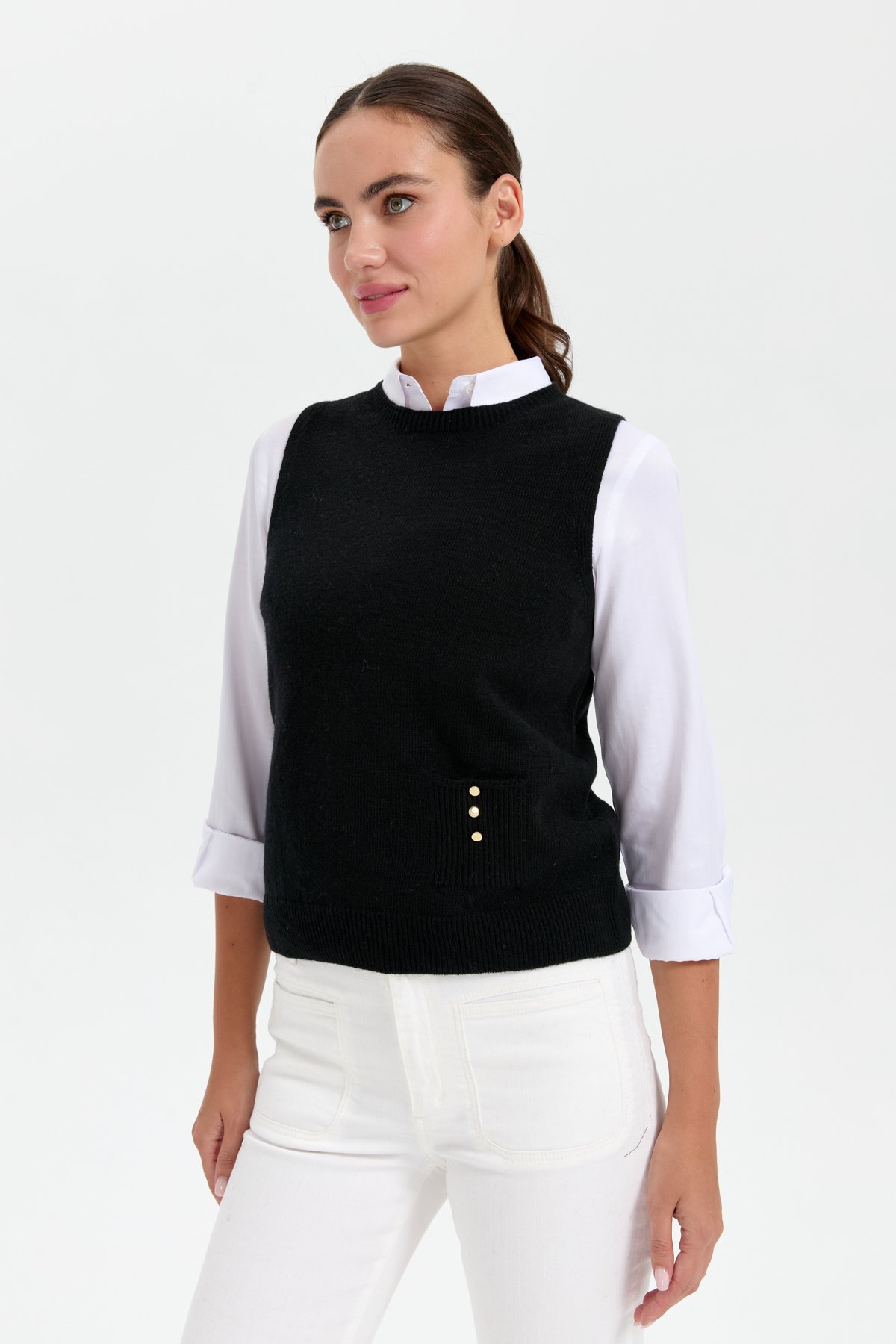 24204Kadın Sıfır Yaka Dikişsiz Cepli Yün Süveter Siyah