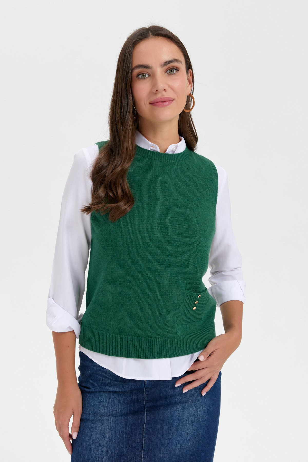 24204Kadın Sıfır Yaka Dikişsiz Cepli Yün Süveter Ö.Başı