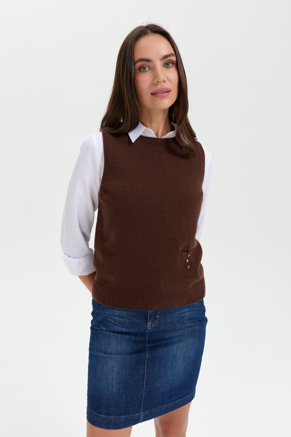 24204Kadın Sıfır Yaka Dikişsiz Cepli Yün Süveter M.Kahve