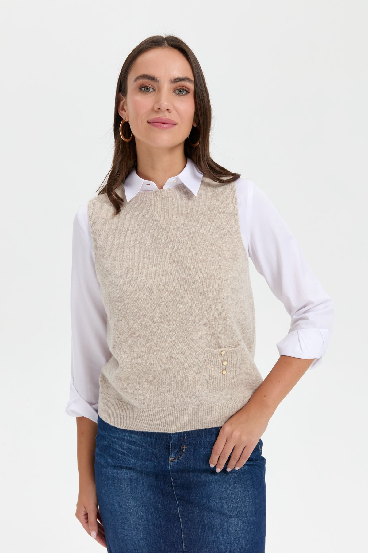 24204Kadın Sıfır Yaka Dikişsiz Cepli Yün Süveter V.Bej