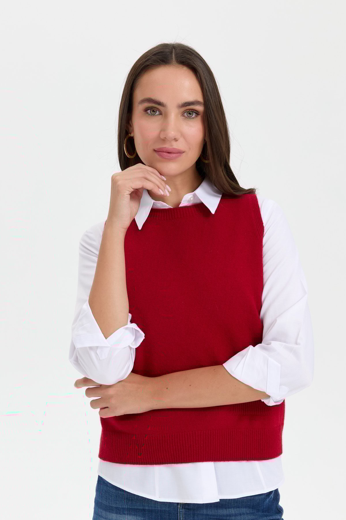 24204Kadın Sıfır Yaka Dikişsiz Cepli Yün Süveter K.Kırmızı