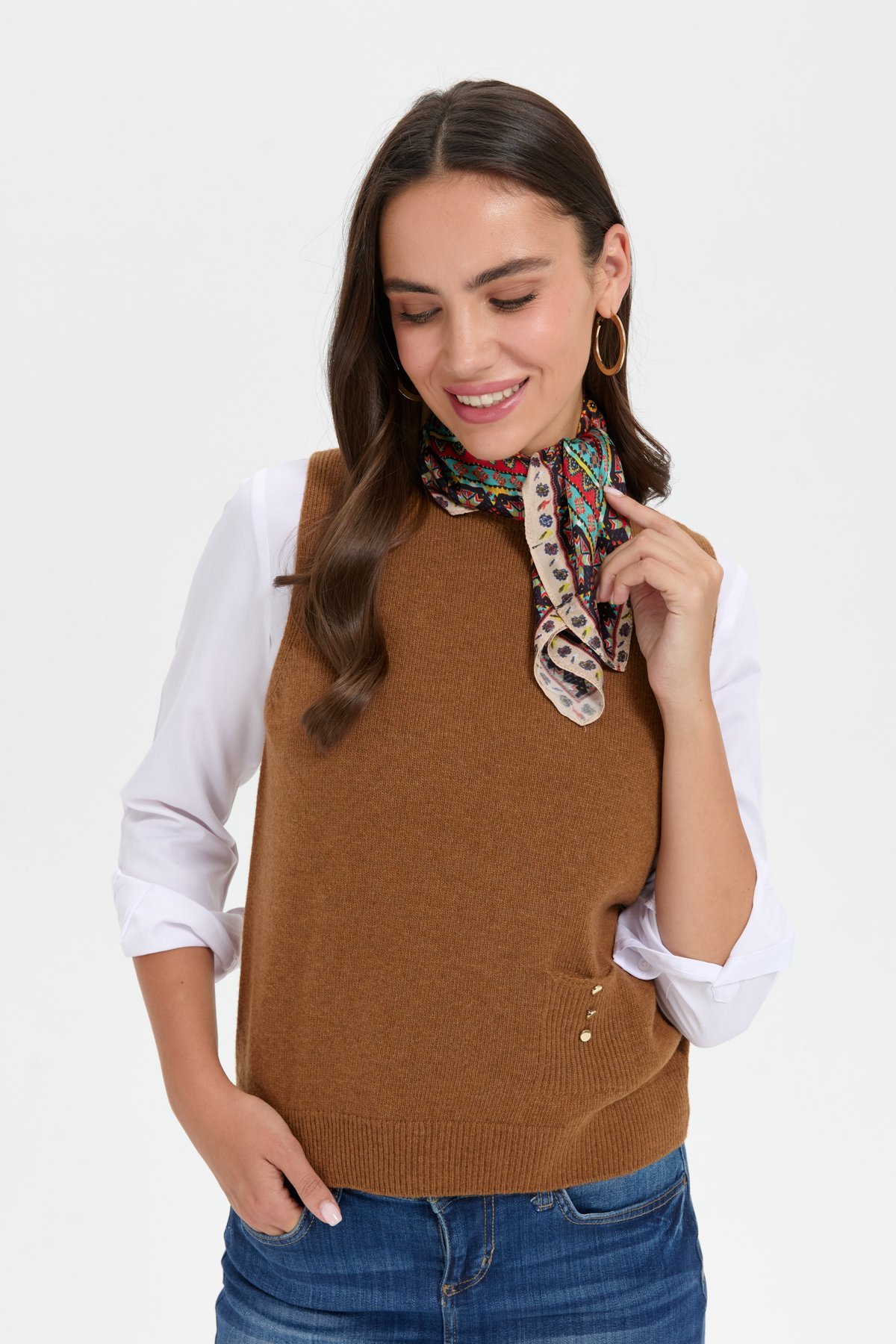 24204Kadın Sıfır Yaka Dikişsiz Cepli Yün Süveter K.taba